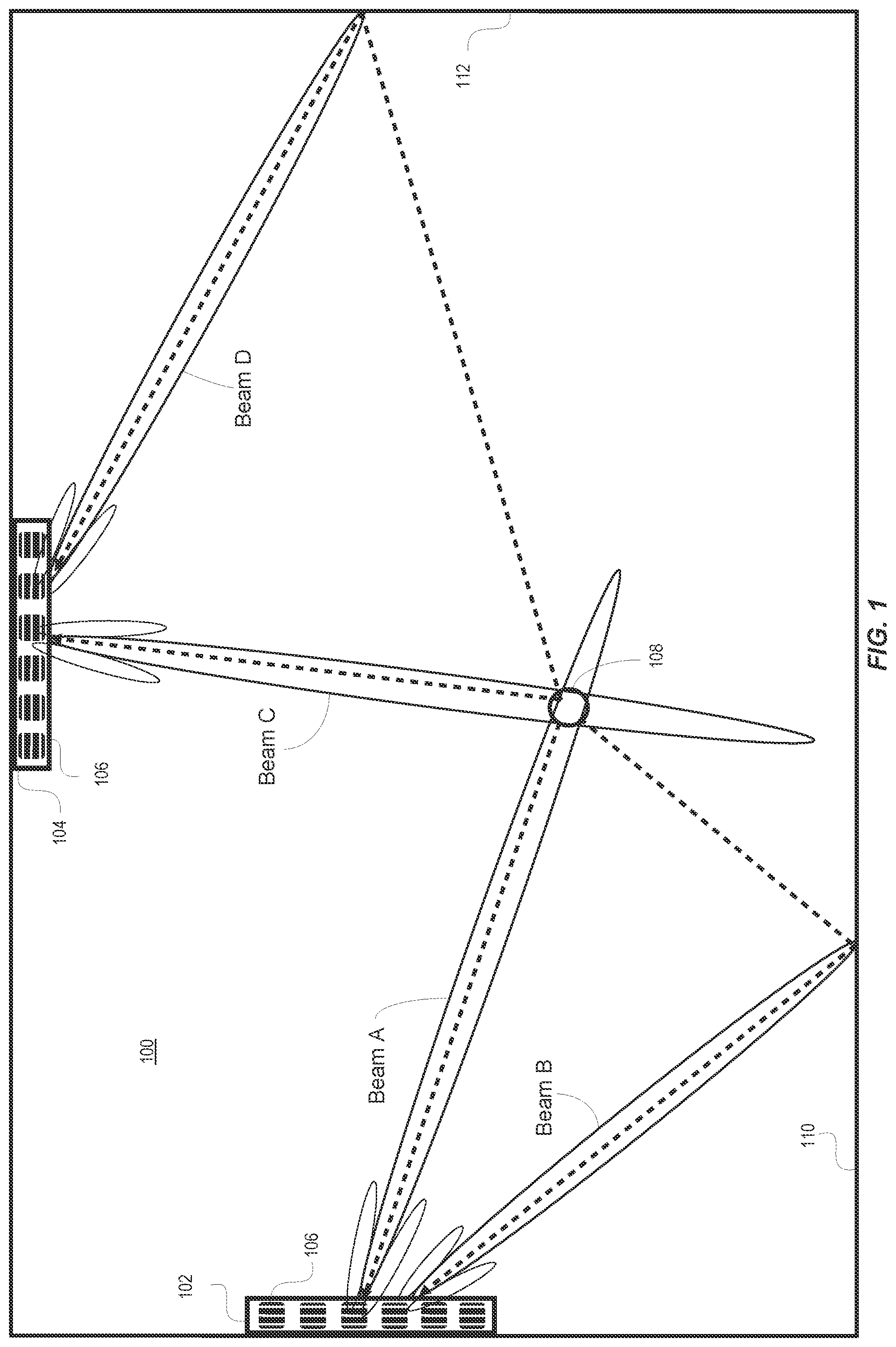 Patent US11777594 Figure 1 – Determining transmitter position using shortest paths from multiple antenna arrays