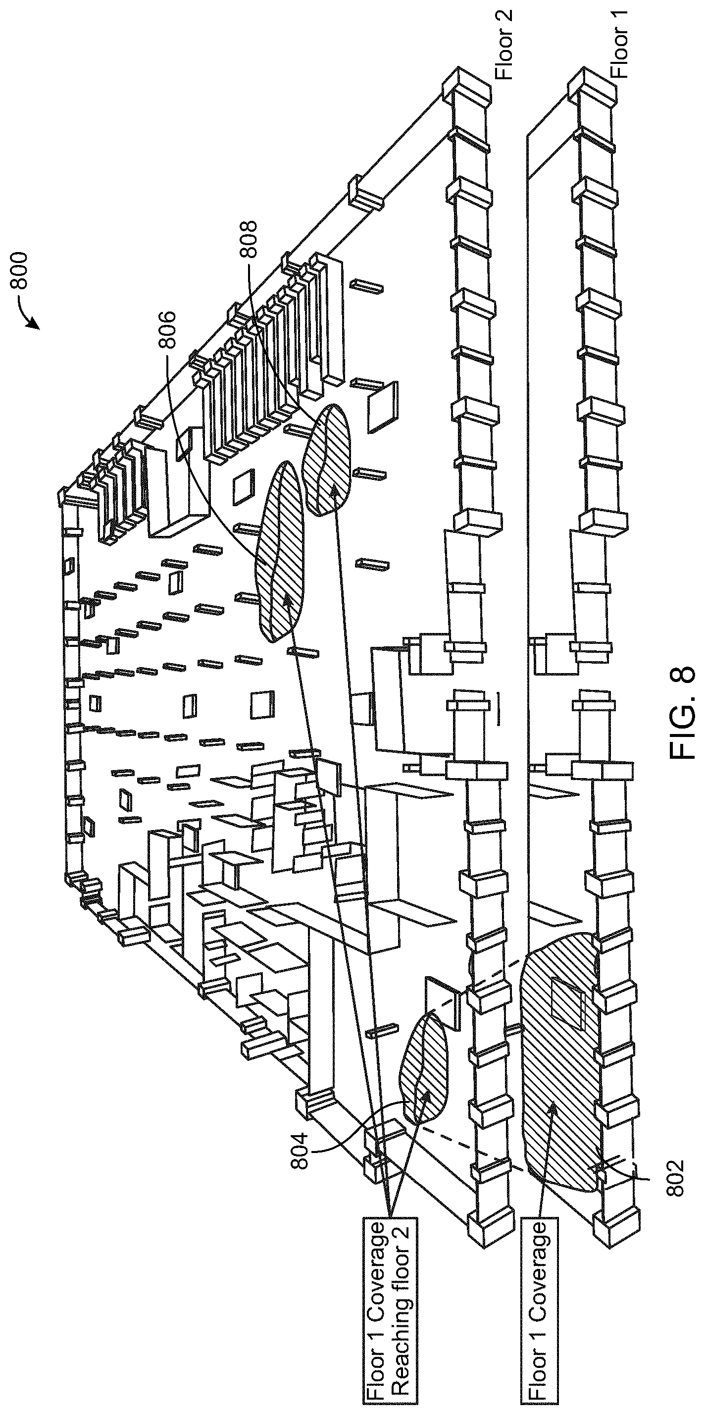 Patent US11777625 Figure 8 – Three-dimensional visualization of Wi-Fi signal propagation through multiple floors