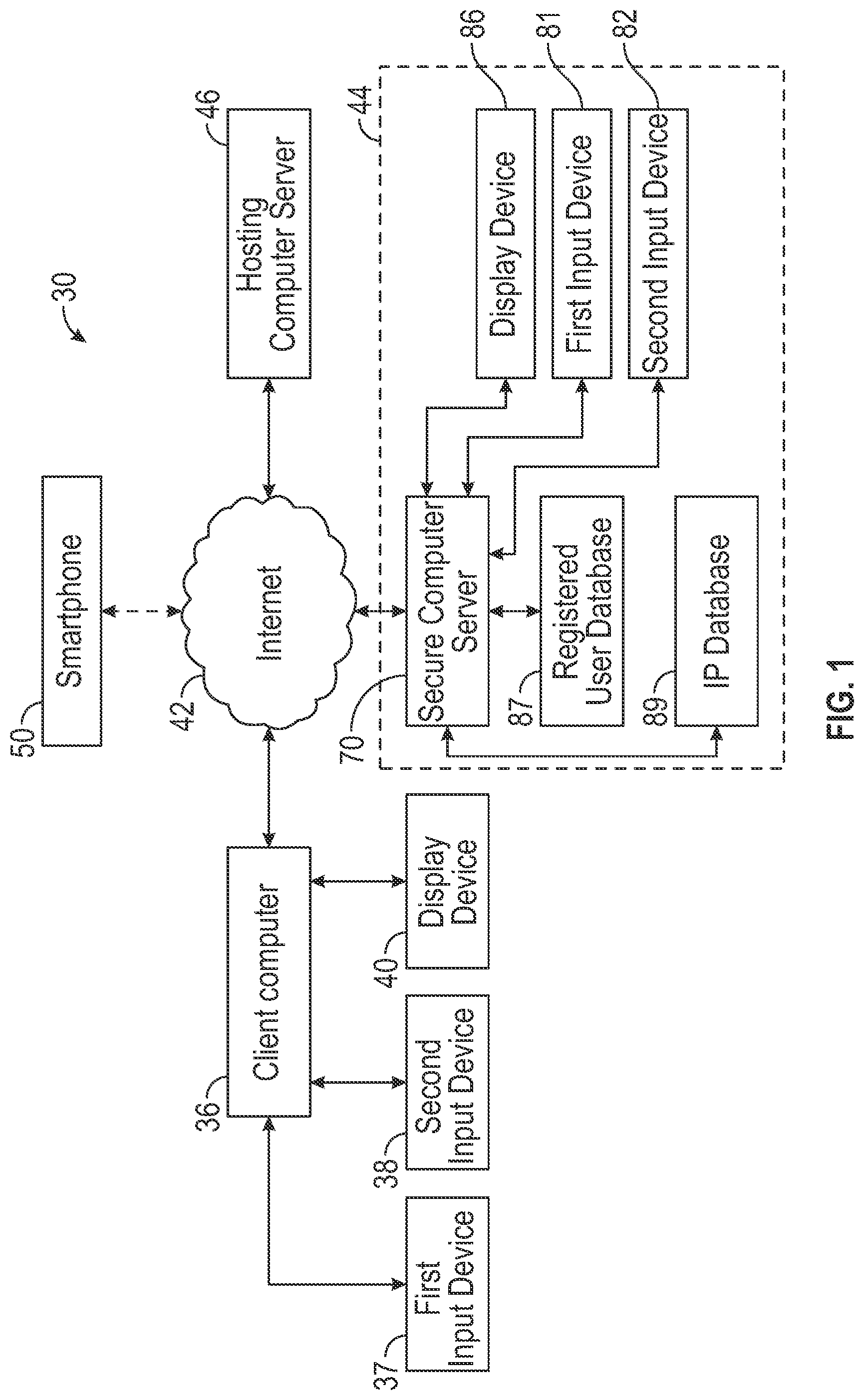 Patent US11777927 — Monitoring system for providing a secure communication channel between a client computer and a hosting computer server — Figure 1