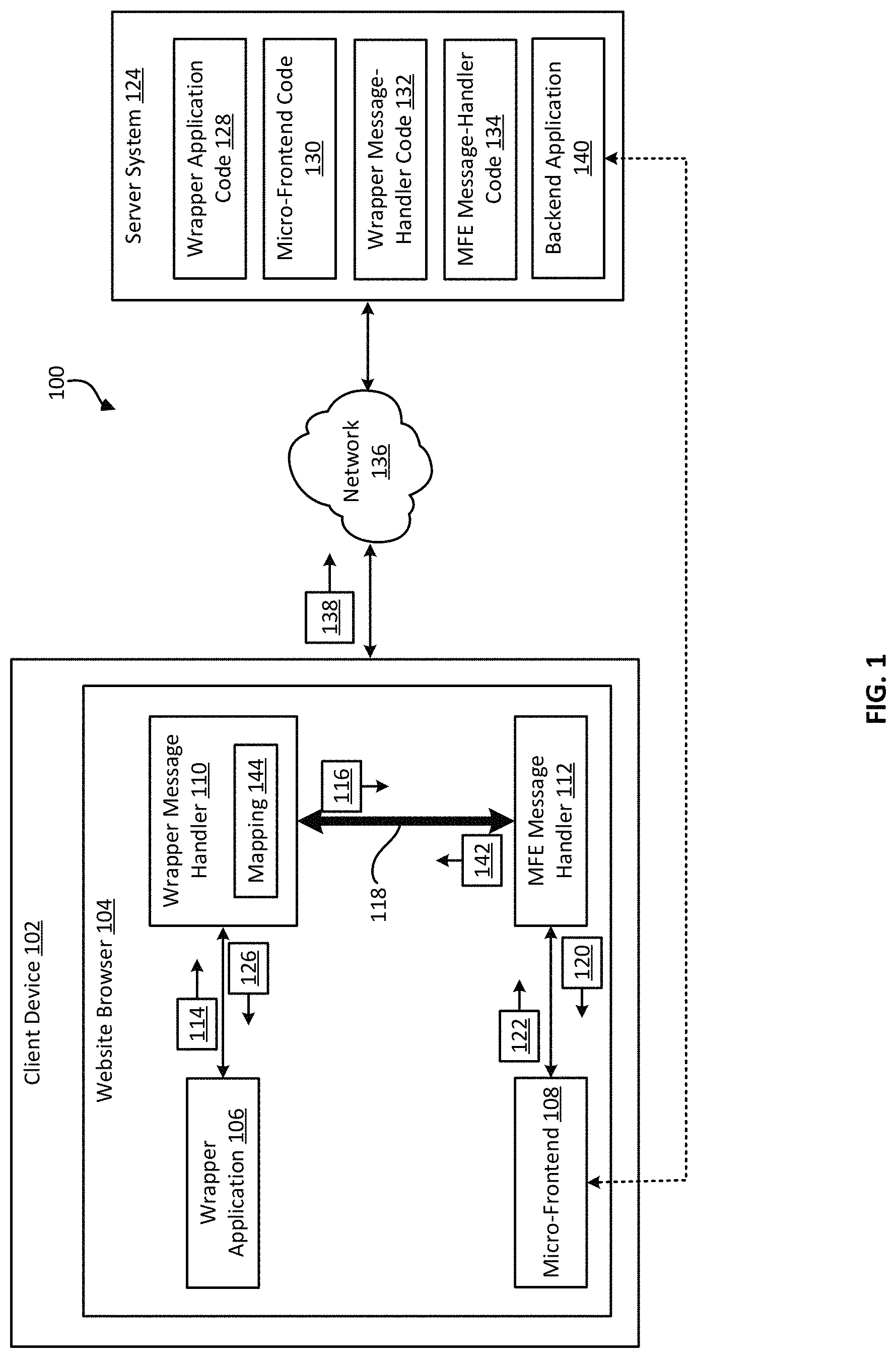Patent US11778045 Figure 1 – Communication system for micro-frontends of a web application