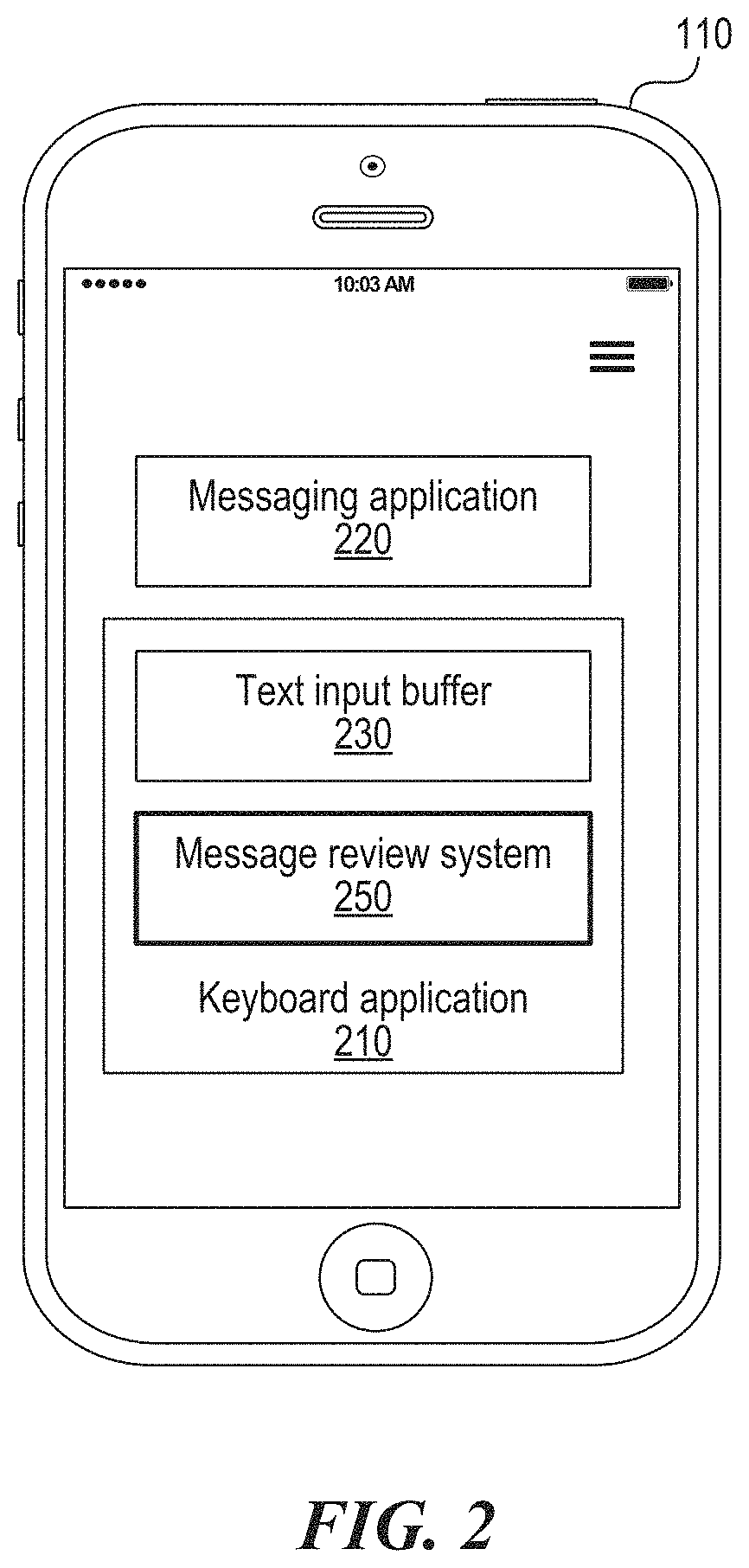 Patent US11778085 Figure 2 – Reviewing message-based communications via a keyboard application