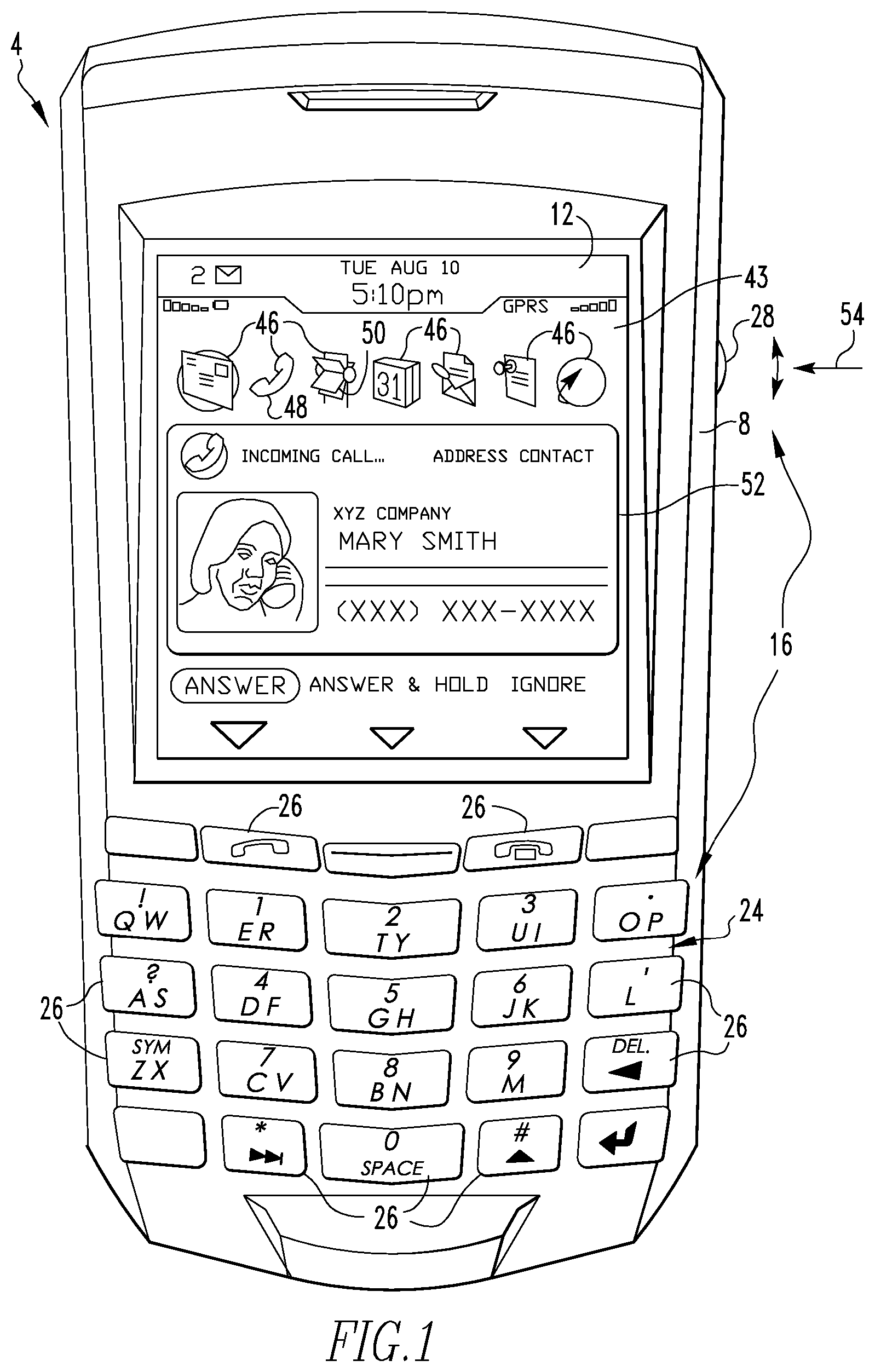 Patent US11778088 — Handheld electronic device having improved phone call log, and associated method — Figure 1