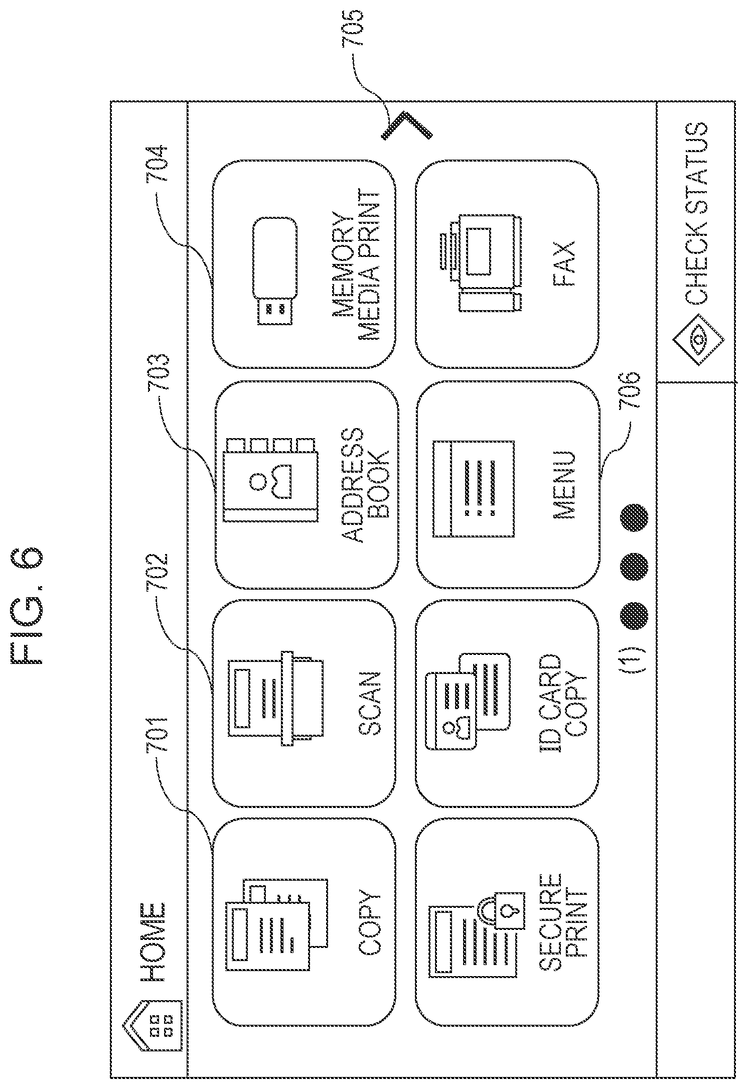 Patent US11778110 Figure 6 – Image processing apparatus displaying a home screen in a fixed button mode in a state where acquisition of a recommended button information is unavailable