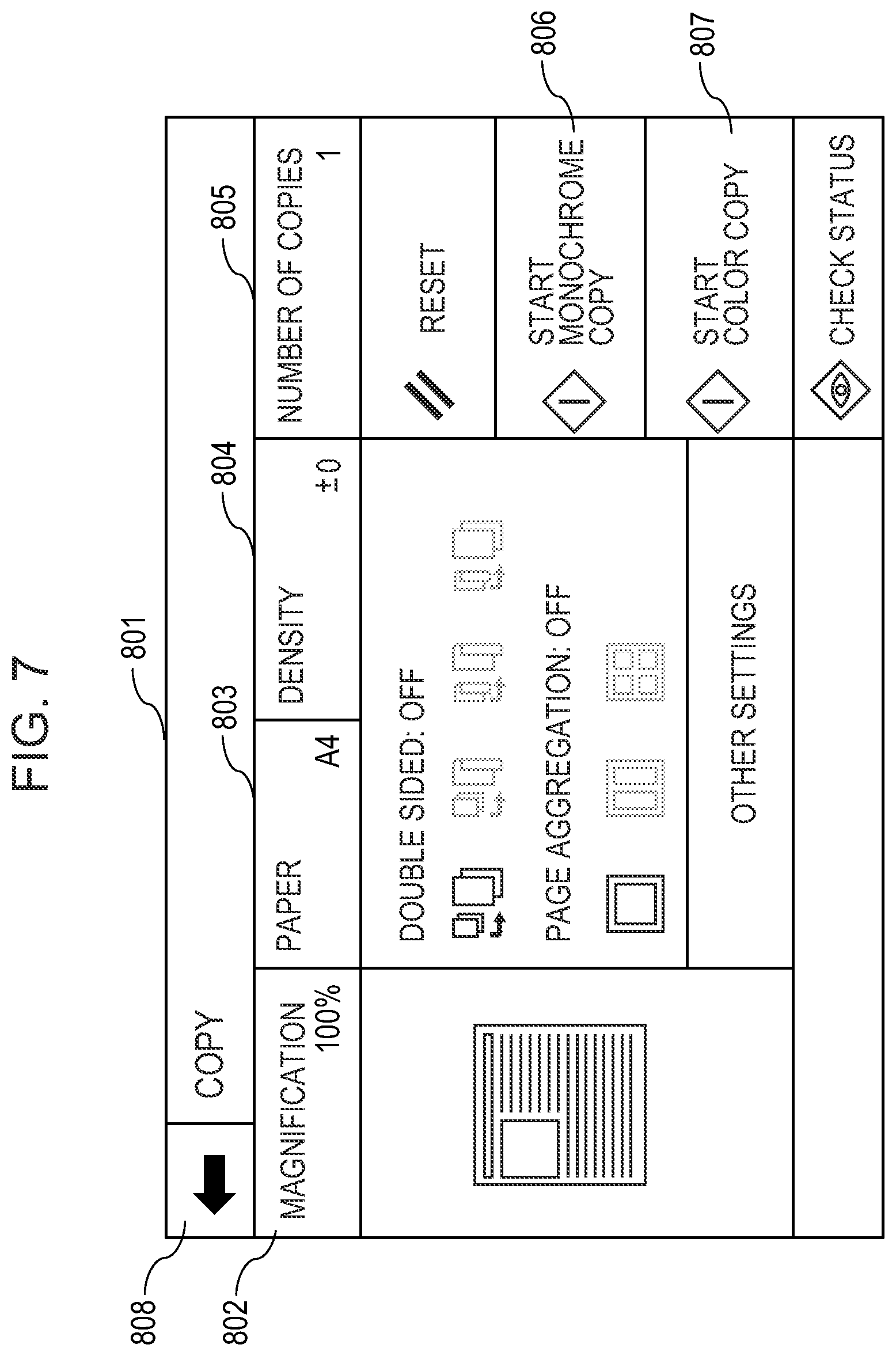 Patent US11778110 Figure 7 – Image processing apparatus displaying a home screen in a fixed button mode in a state where acquisition of a recommended button information is unavailable