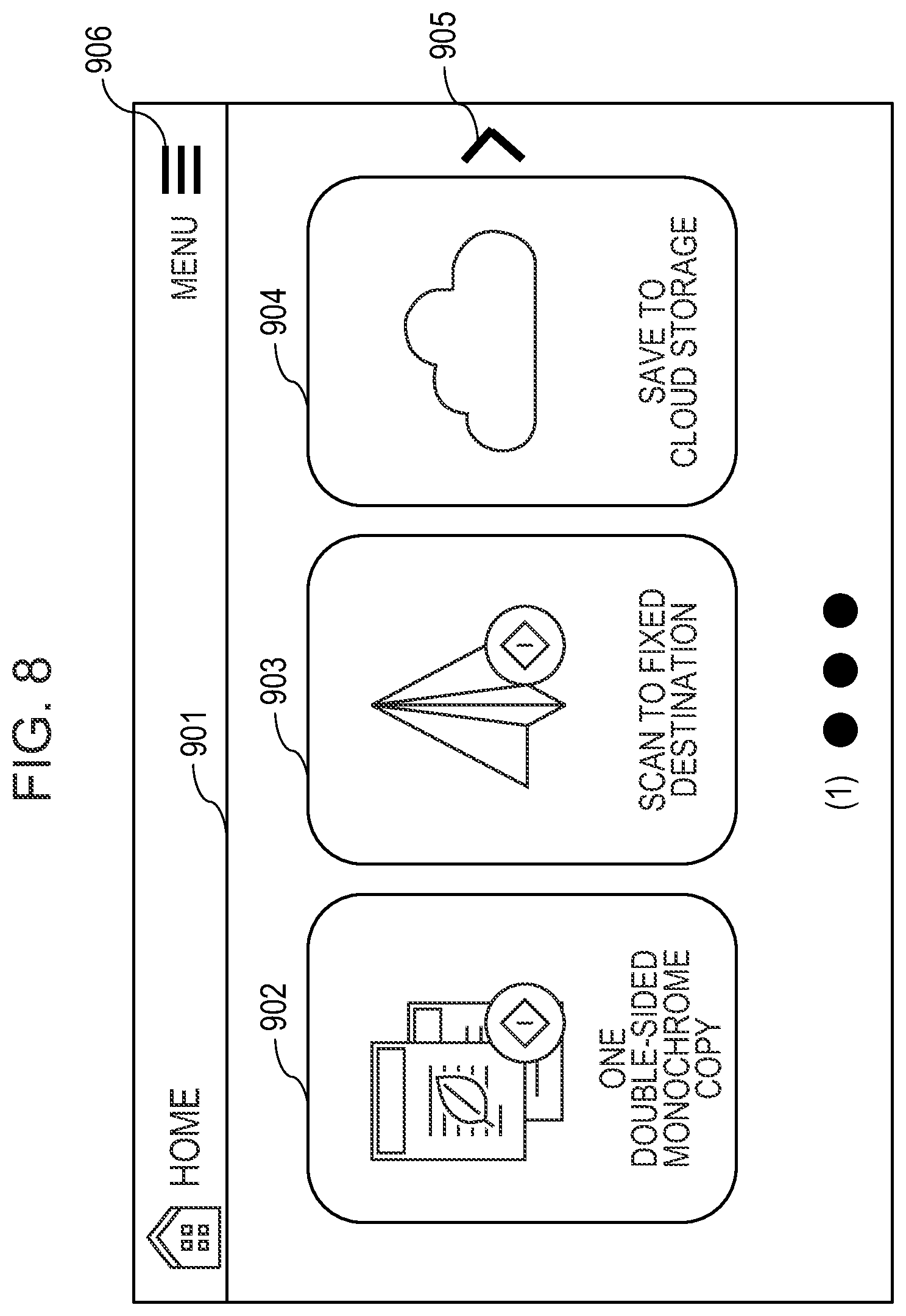 Patent US11778110 Figure 8 – Image processing apparatus displaying a home screen in a fixed button mode in a state where acquisition of a recommended button information is unavailable