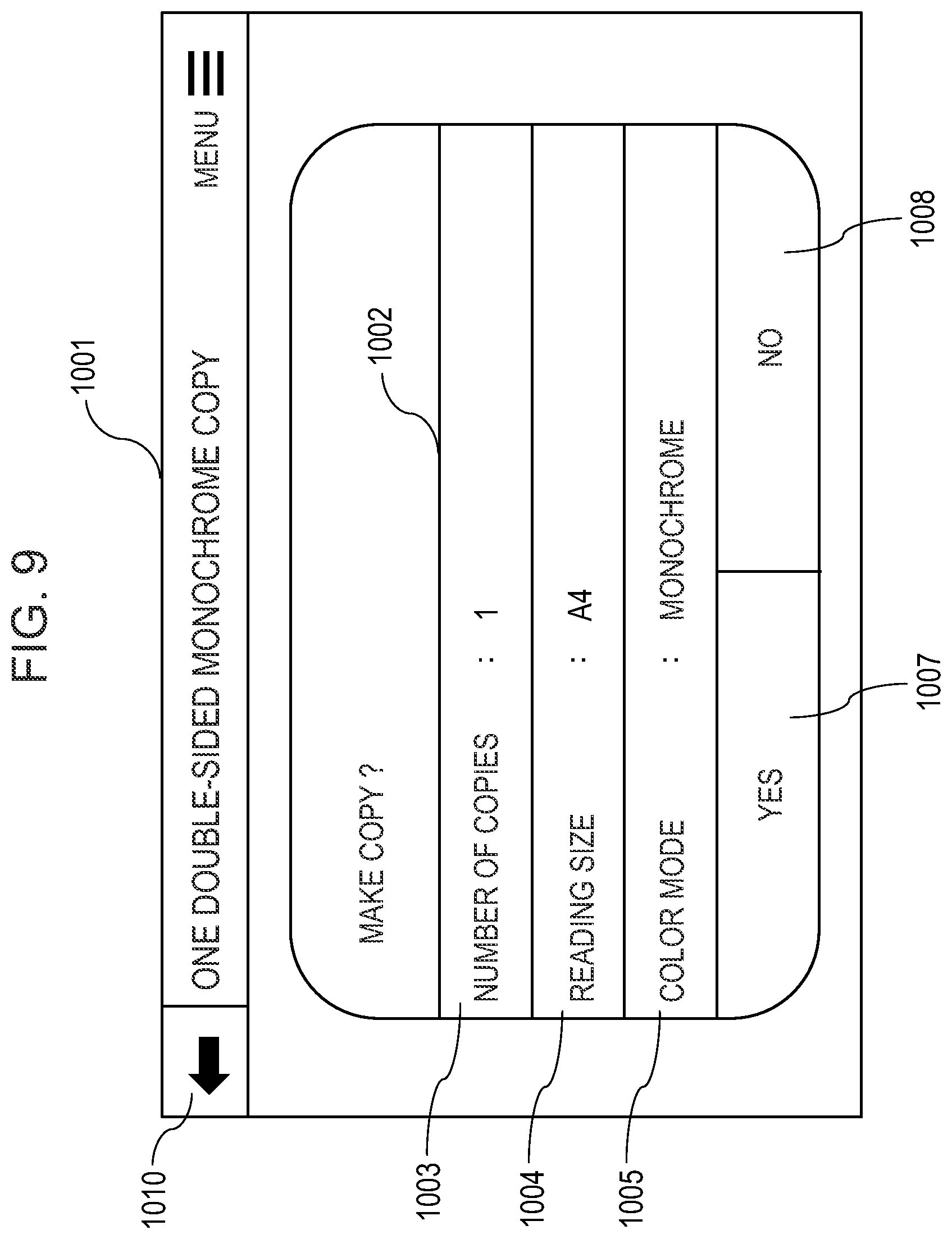 Patent US11778110 Figure 9 – Image processing apparatus displaying a home screen in a fixed button mode in a state where acquisition of a recommended button information is unavailable