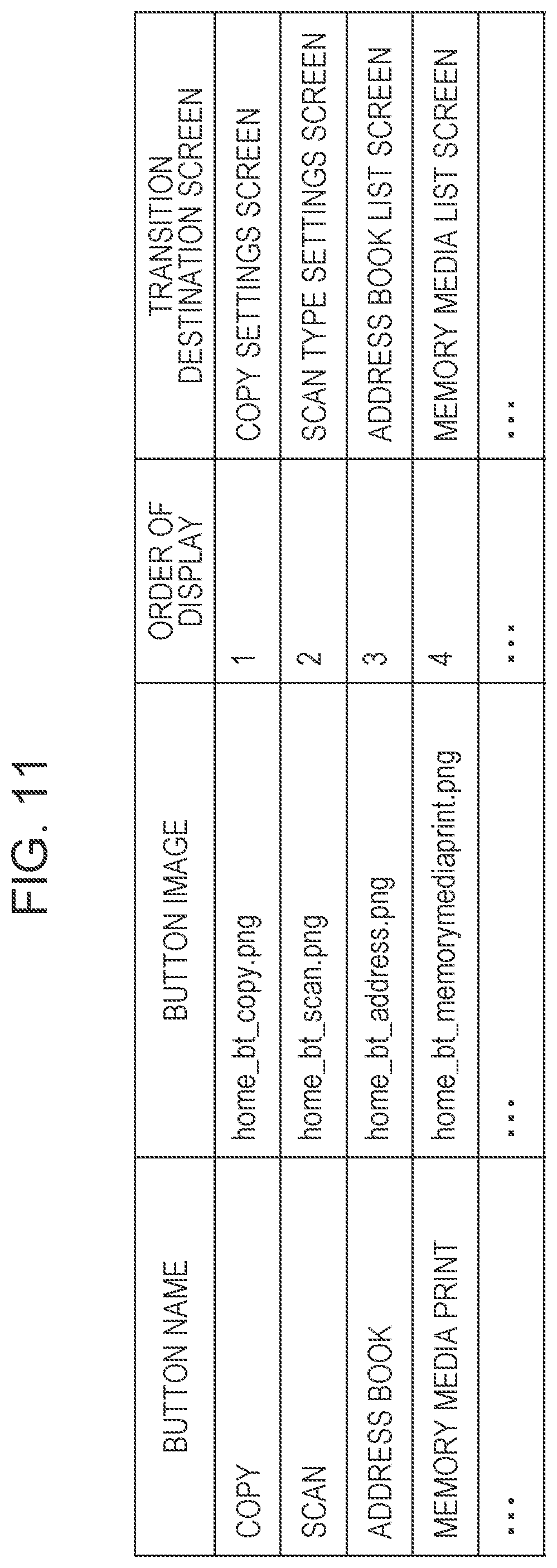 Patent US11778110 Figure 11 – Image processing apparatus displaying a home screen in a fixed button mode in a state where acquisition of a recommended button information is unavailable