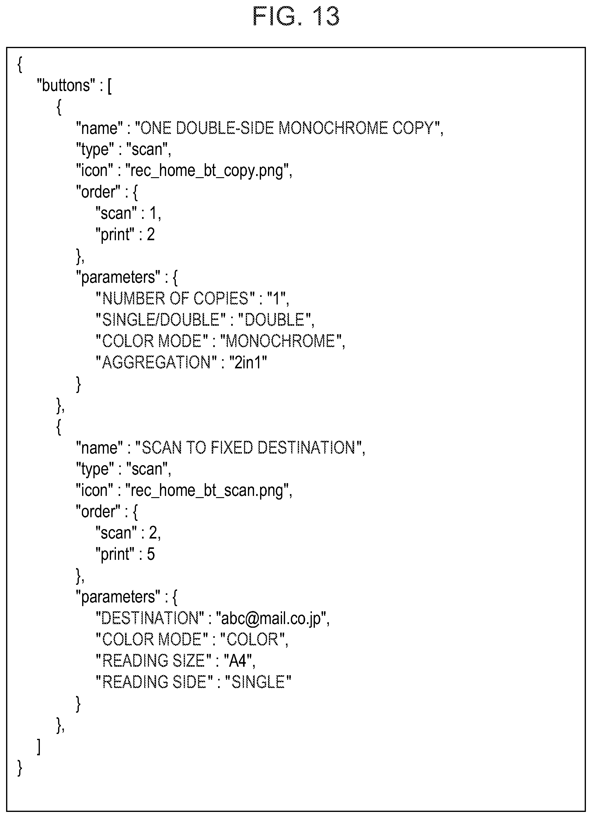 Patent US11778110 Figure 13 – Image processing apparatus displaying a home screen in a fixed button mode in a state where acquisition of a recommended button information is unavailable