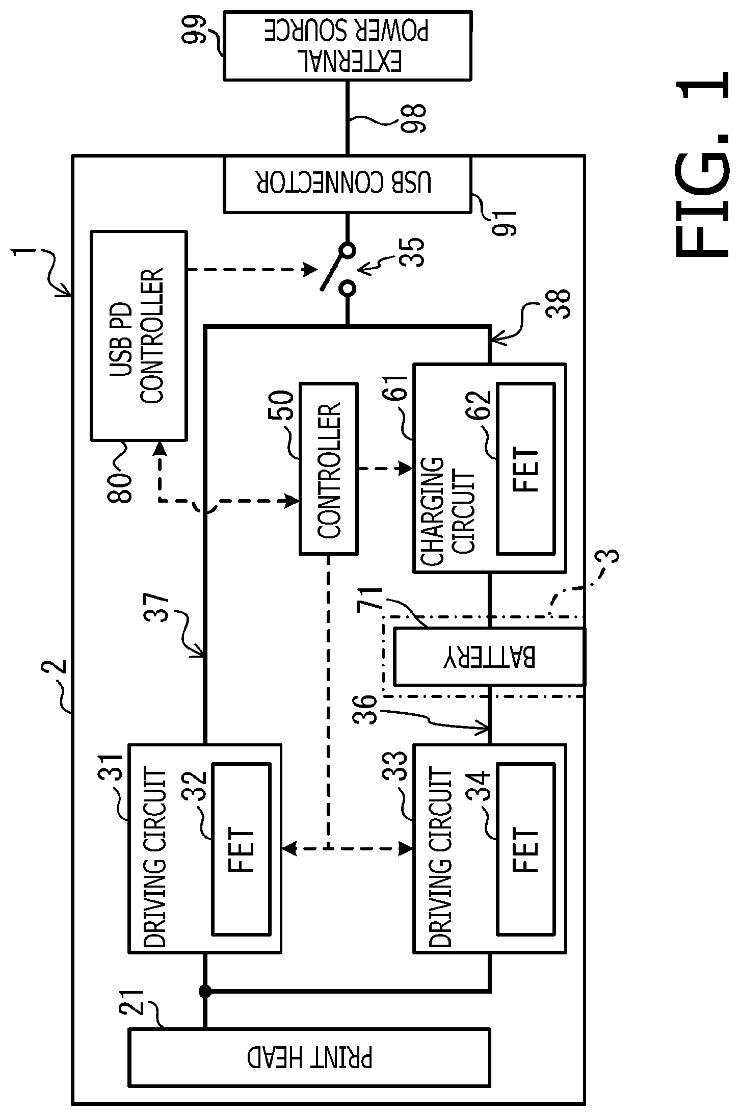 Patent US11778116 Figure 1 – Printing device operable with power from battery and external power source