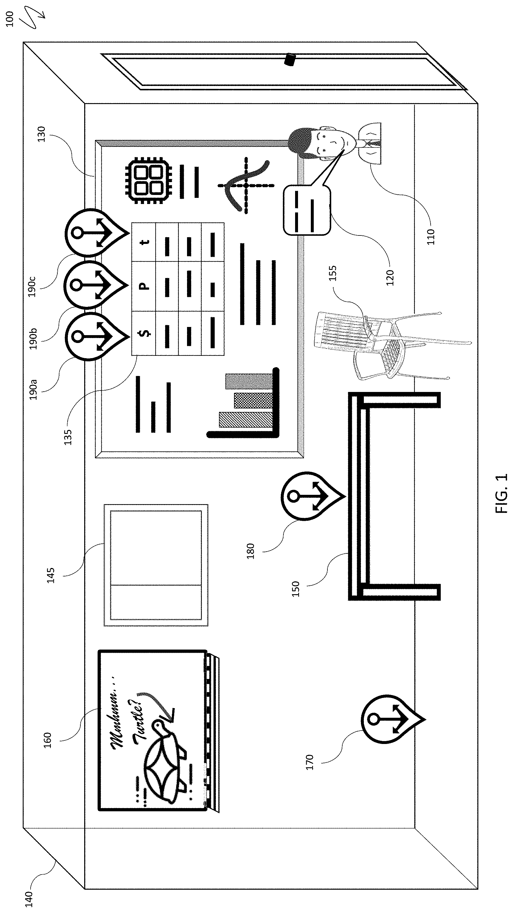 Patent US11778143 Figure 1 – Interactive objects, anchors, and image search for immersive video conference spaces with shared virtual channels