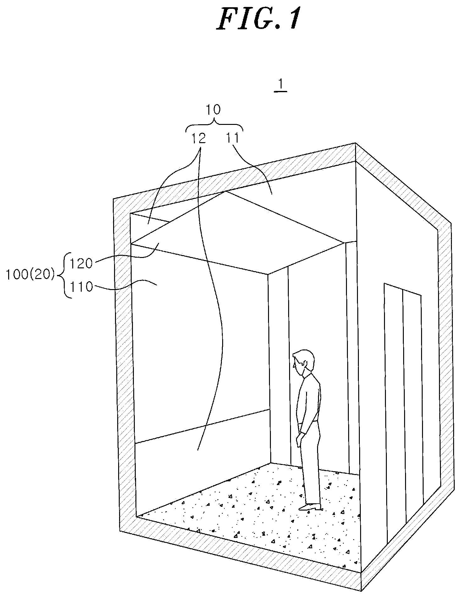 Patent US11778164 Figure 1 – Display apparatus installed in elevator, and image processing method