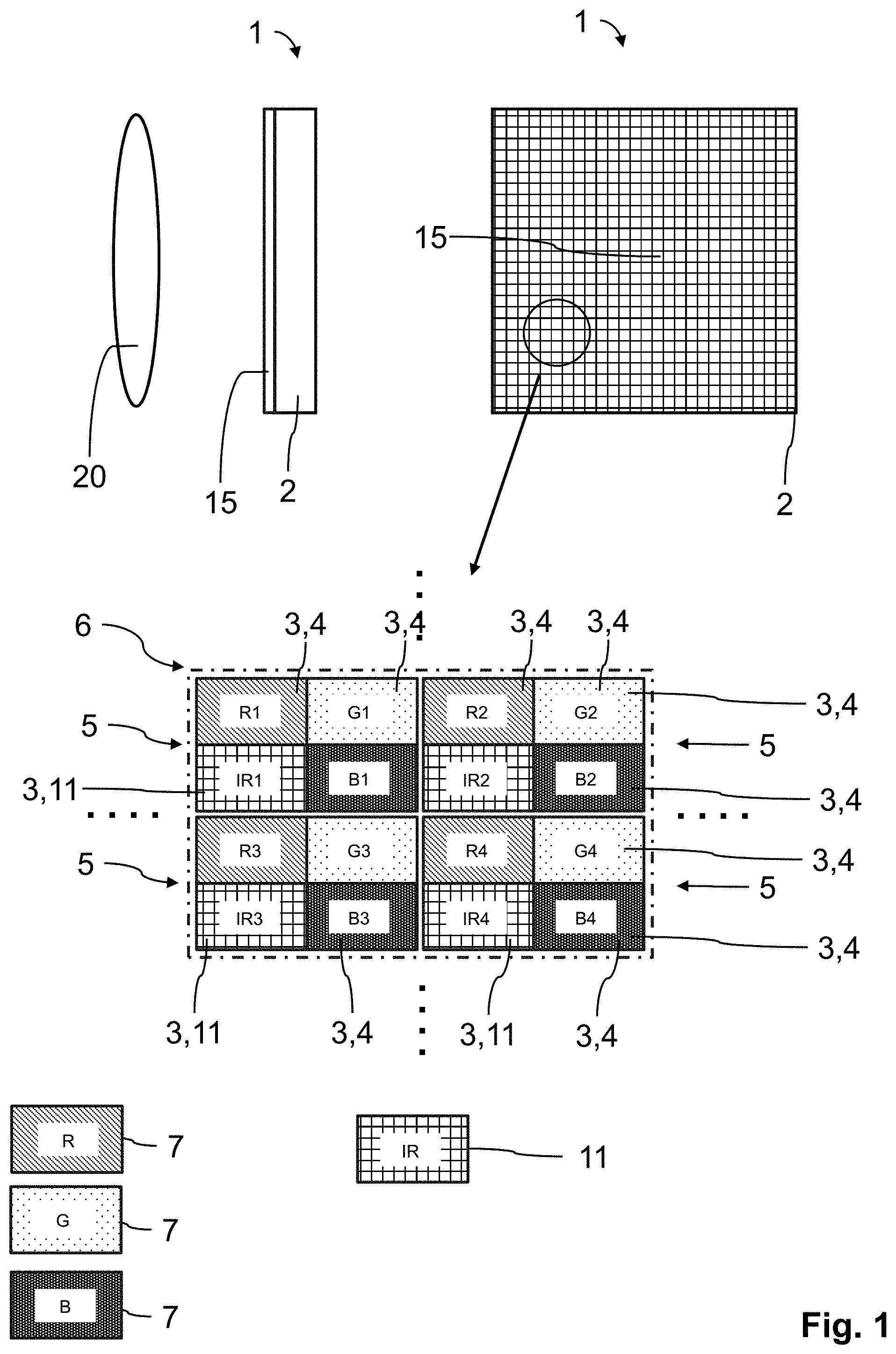 Patent US11778288 Figure 1 – Sensor array, method for calculating a color image and a hyperspectral image, method for carrying out a white balance and use of the sensor array in medical imaging