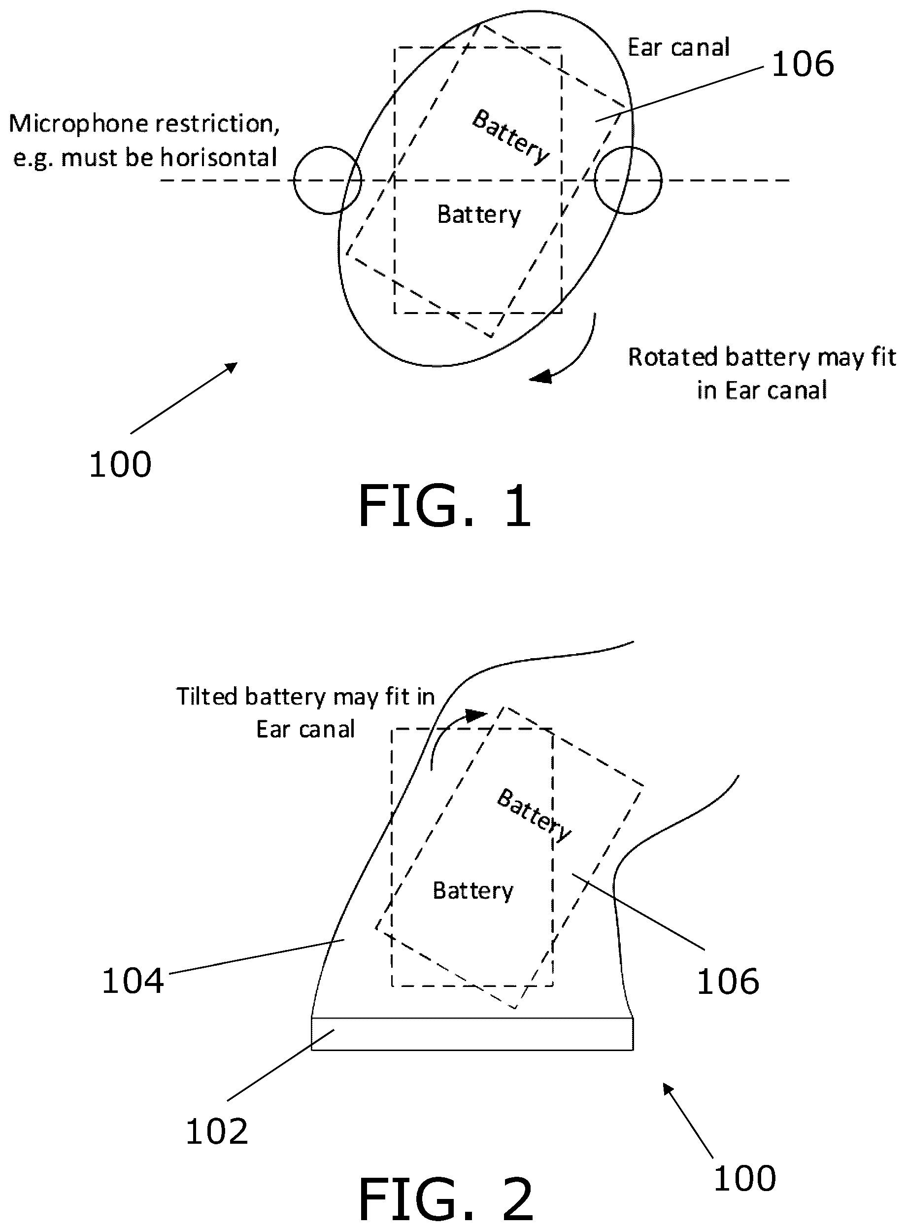 Patent US11778395 Figure 1 – Hearing aid battery connected to ear shell