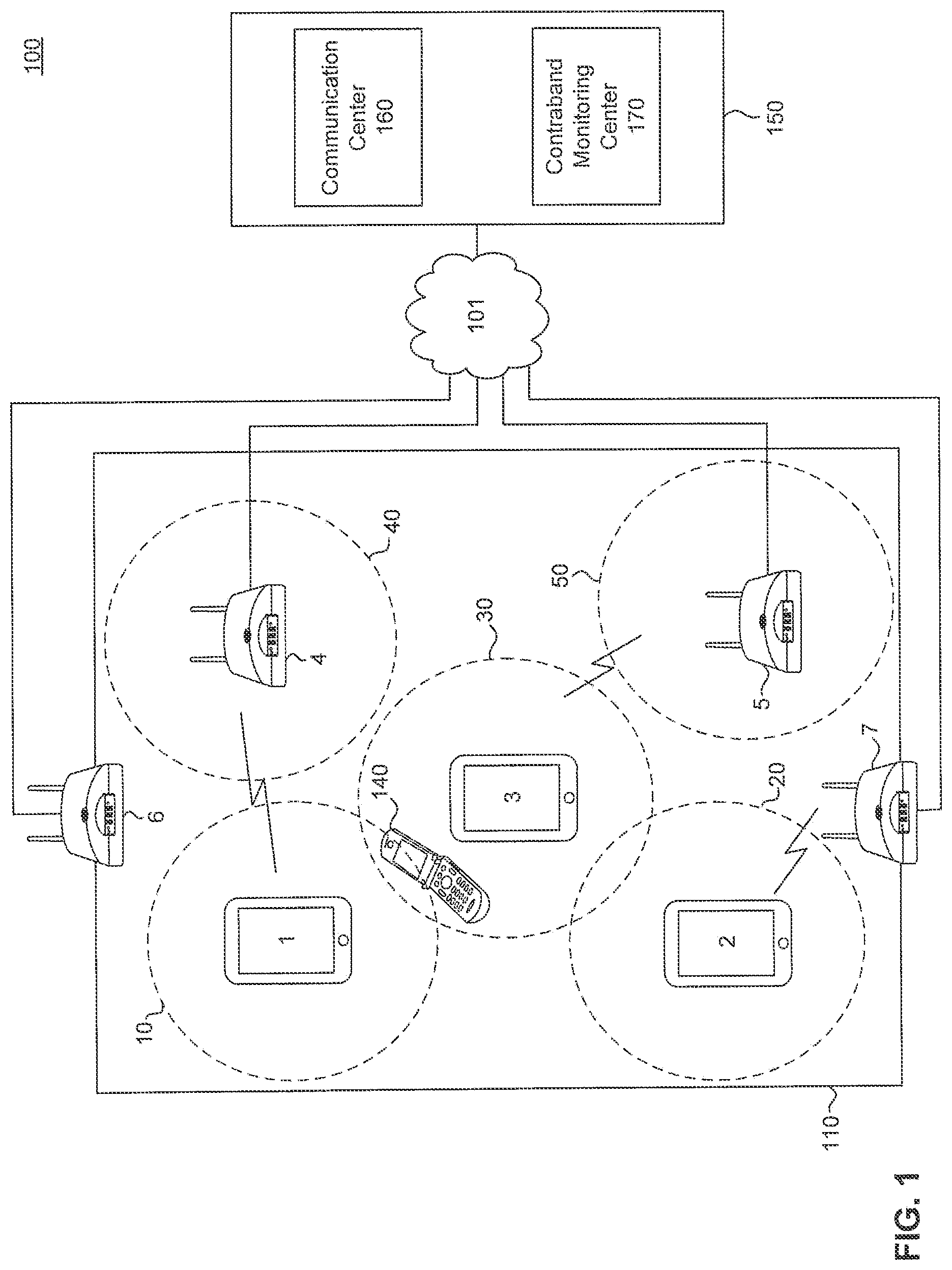Patent US11778417 Figure 1 – System and method for detecting and locating contraband devices in a secure environment