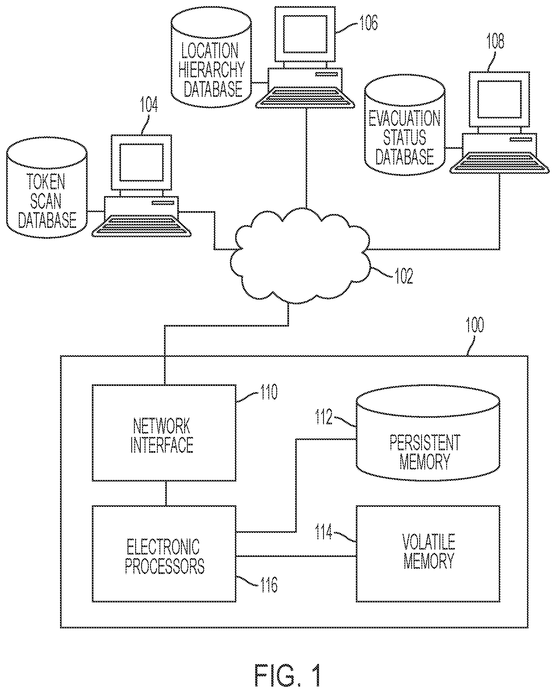 Patent US11778424 Figure 1 – Evacuation tracking