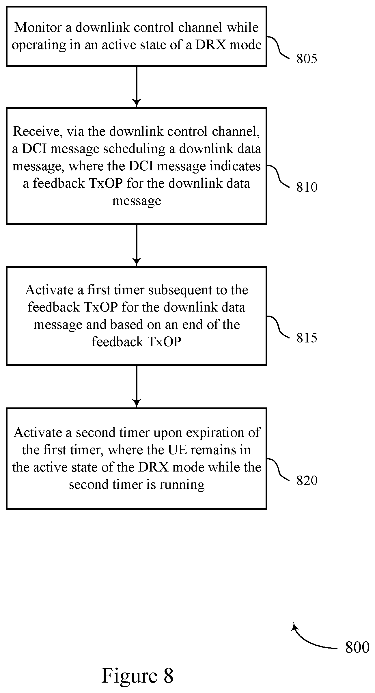 Patent US11778654 Figure 8 – Handling missed hybrid automatic repeat request (HARQ) opportunities, multiple HARQ opportunities, or both for discontinuous reception (DRX)
