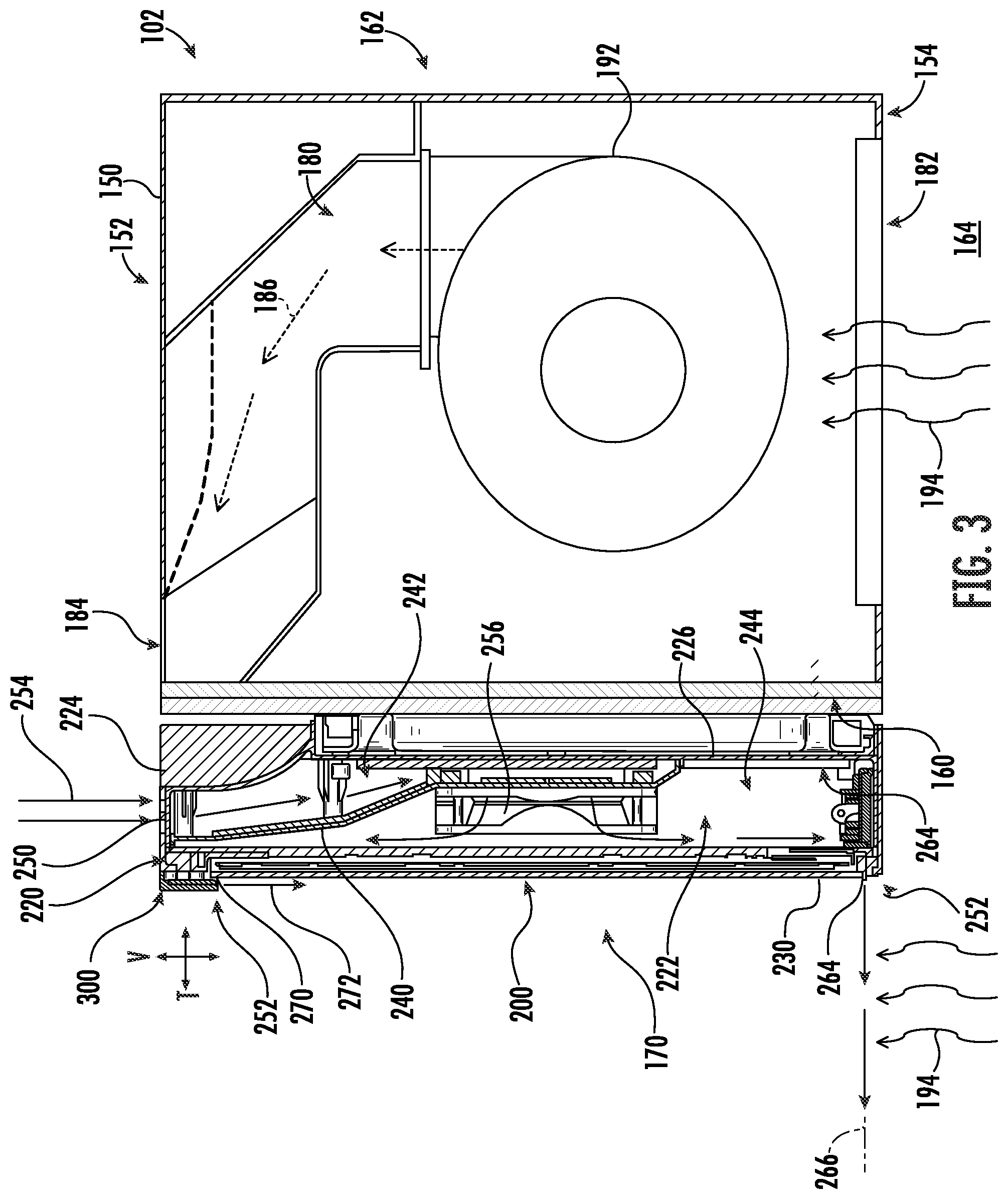 Patent US11778702 Figure 3 – Over-the-range microwave including cooling fans and method of operating an over-the-range microwave