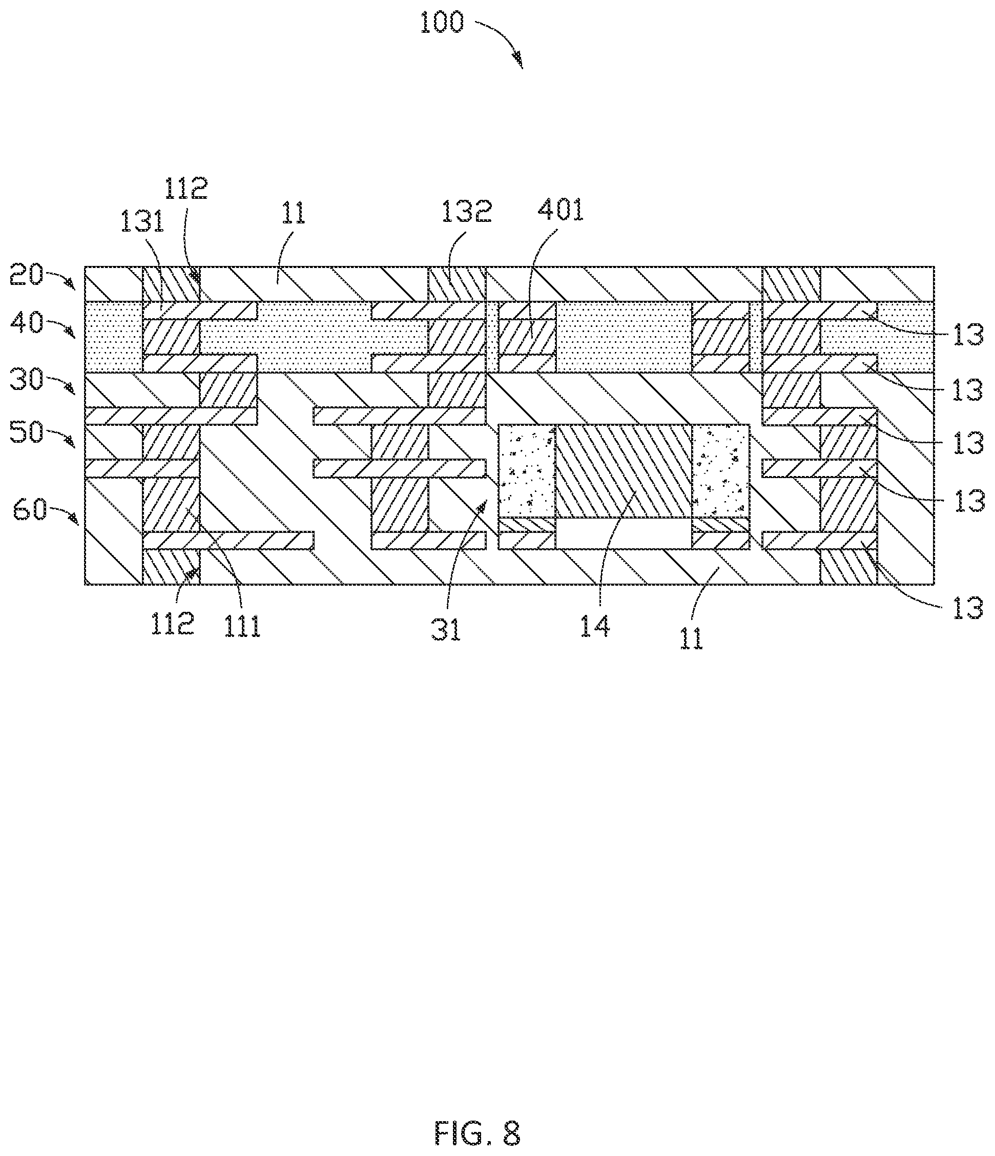 Patent US11778752 Figure 8 – Circuit board with embedded electronic component and method for manufacturing the same