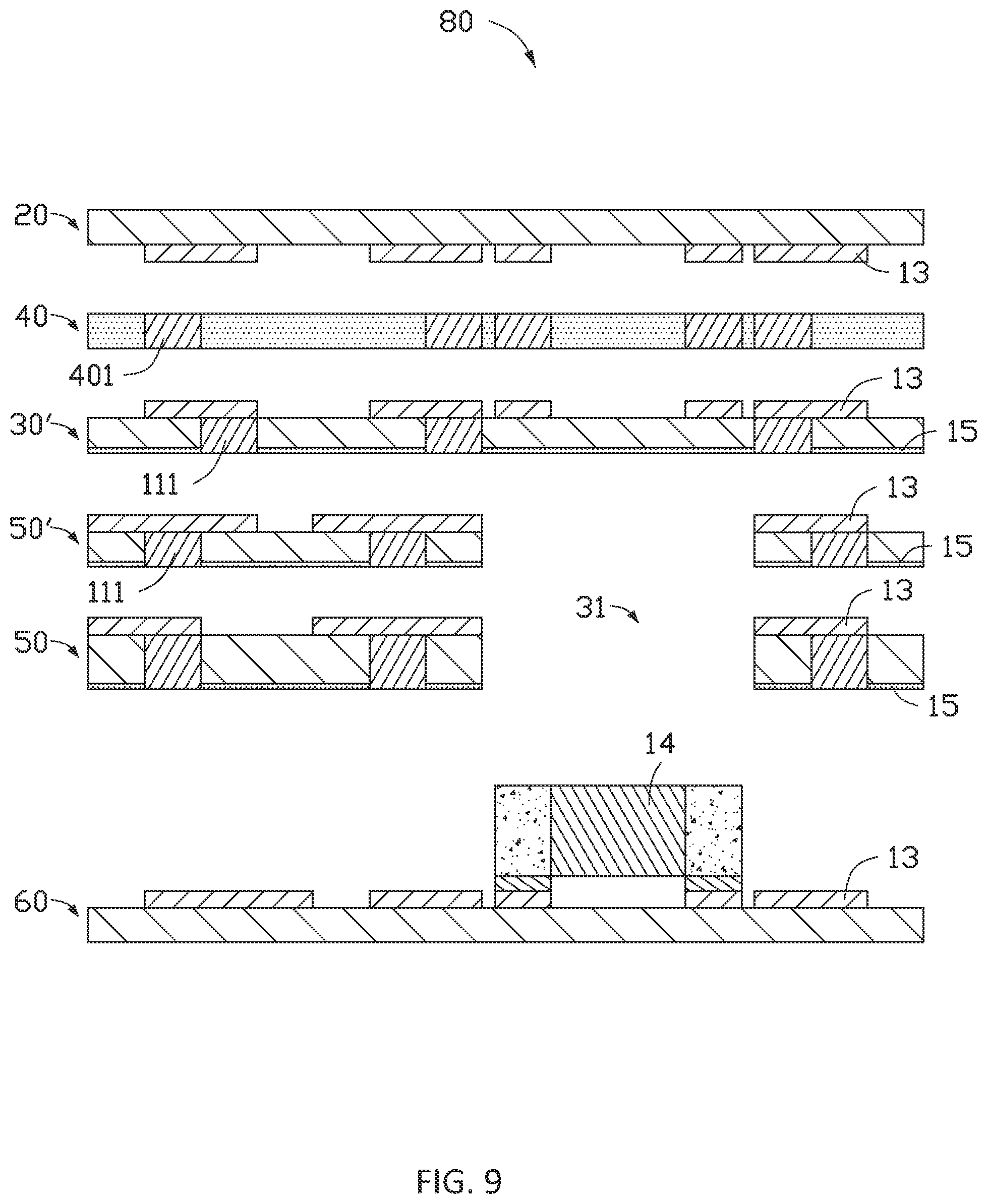 Patent US11778752 Figure 9 – Circuit board with embedded electronic component and method for manufacturing the same