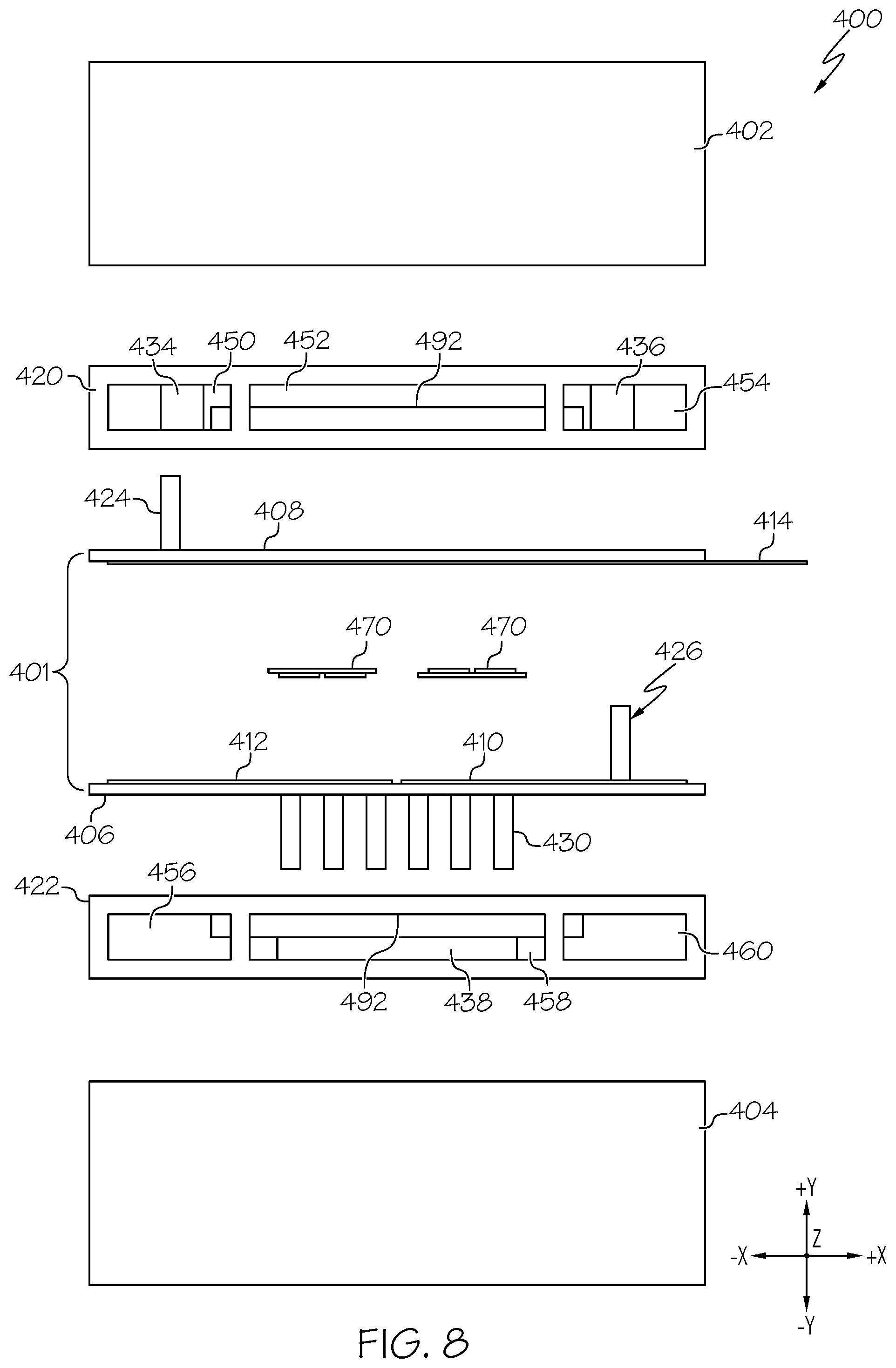 Patent US11778793 Figure 8 – Systems including an integrated power module with vias and methods of forming the same