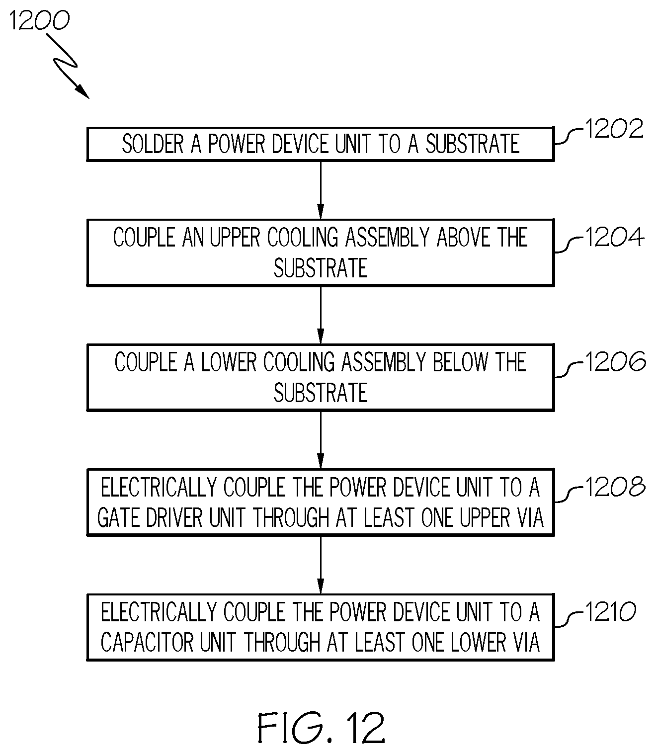Patent US11778793 Figure 12 – Systems including an integrated power module with vias and methods of forming the same