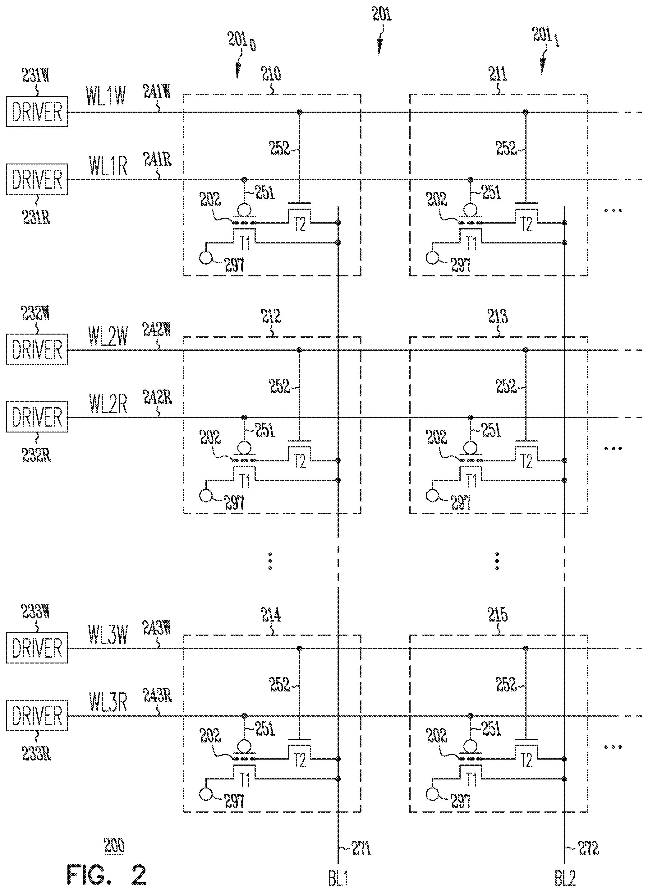 Patent US11778806 Figure 2 – Memory device having 2-transistor vertical memory cell and separate read and write gates