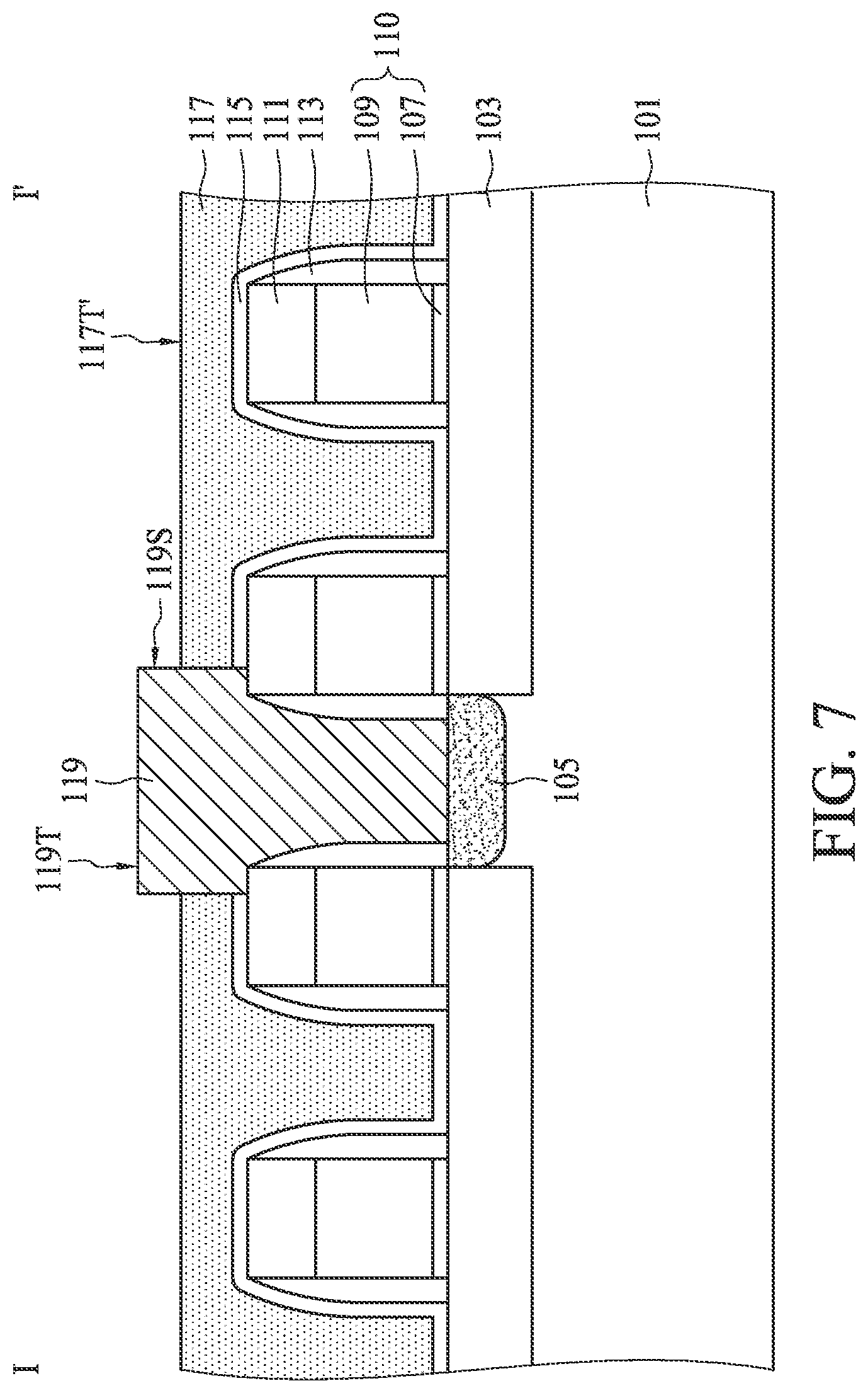 Patent US11778812 Figure 7 – Method for forming a semiconductor device with conductive cap layer over conductive plug