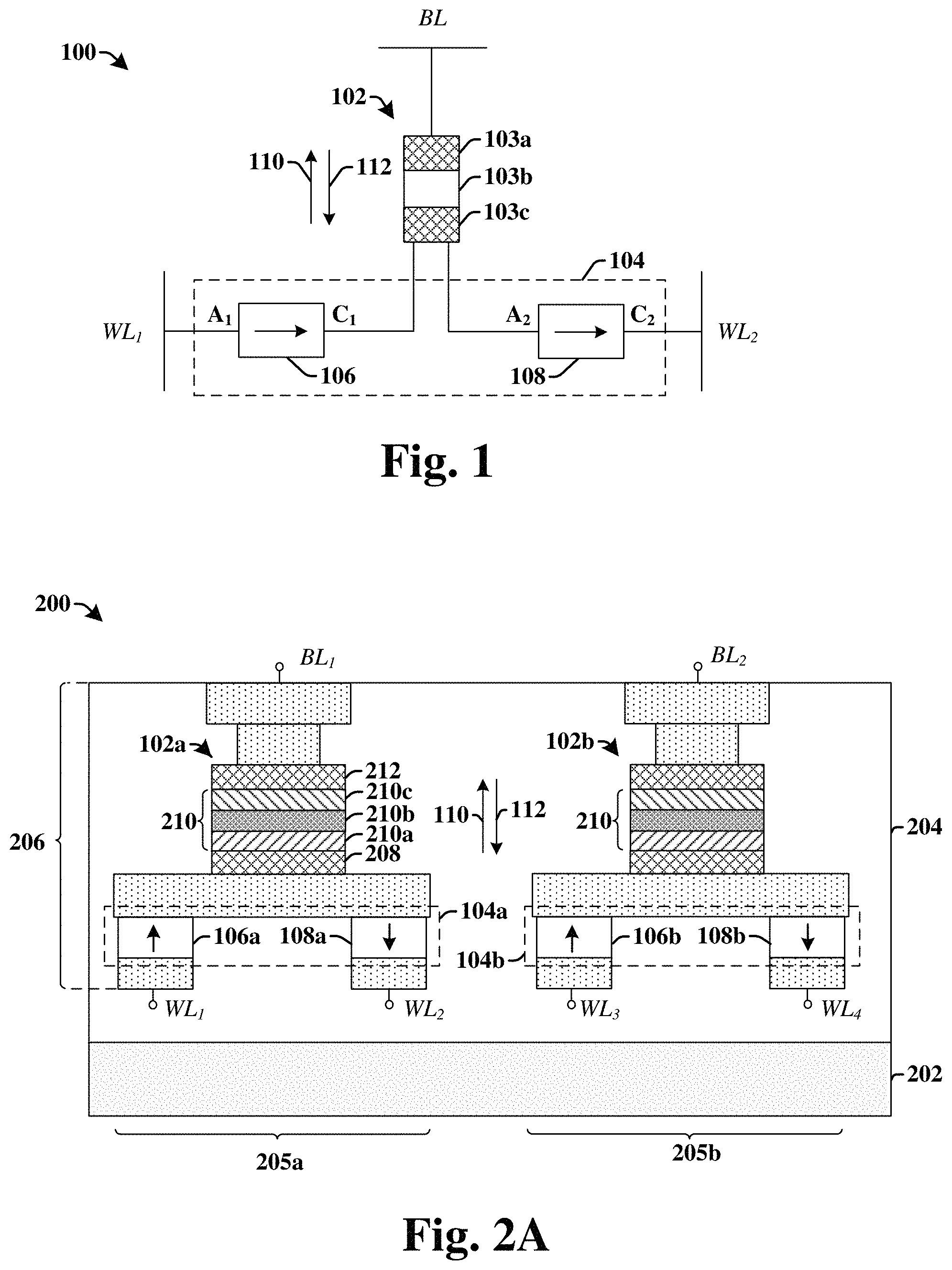 Patent US11778836 Figure 1 – Memory cell with unipolar selectors