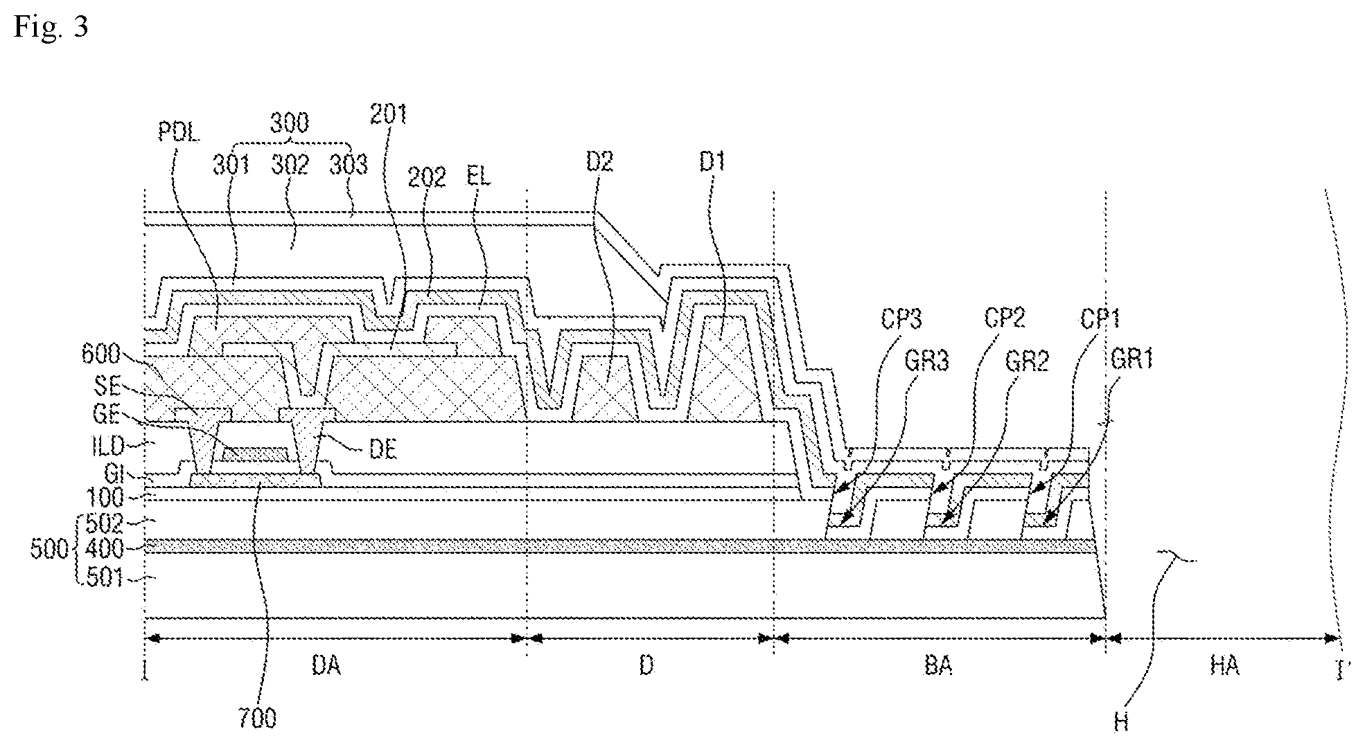 Patent US11778852 Figure 3 – Display device and method of manufacturing the same