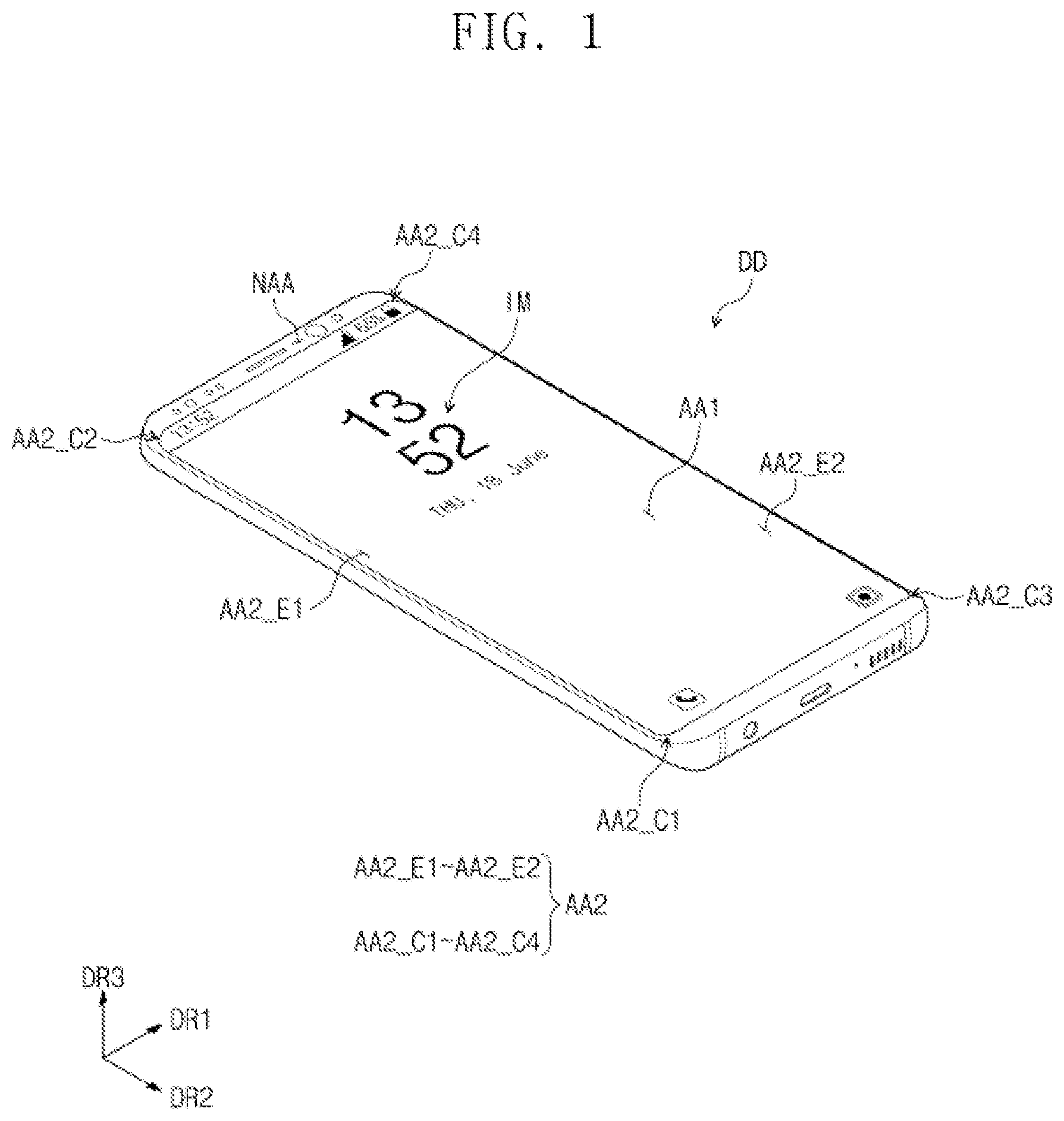 Patent US11778861 Figure 1 – Display panel that includes display area facing front of window, where emission areas of corner display area are placed, and display device including the same
