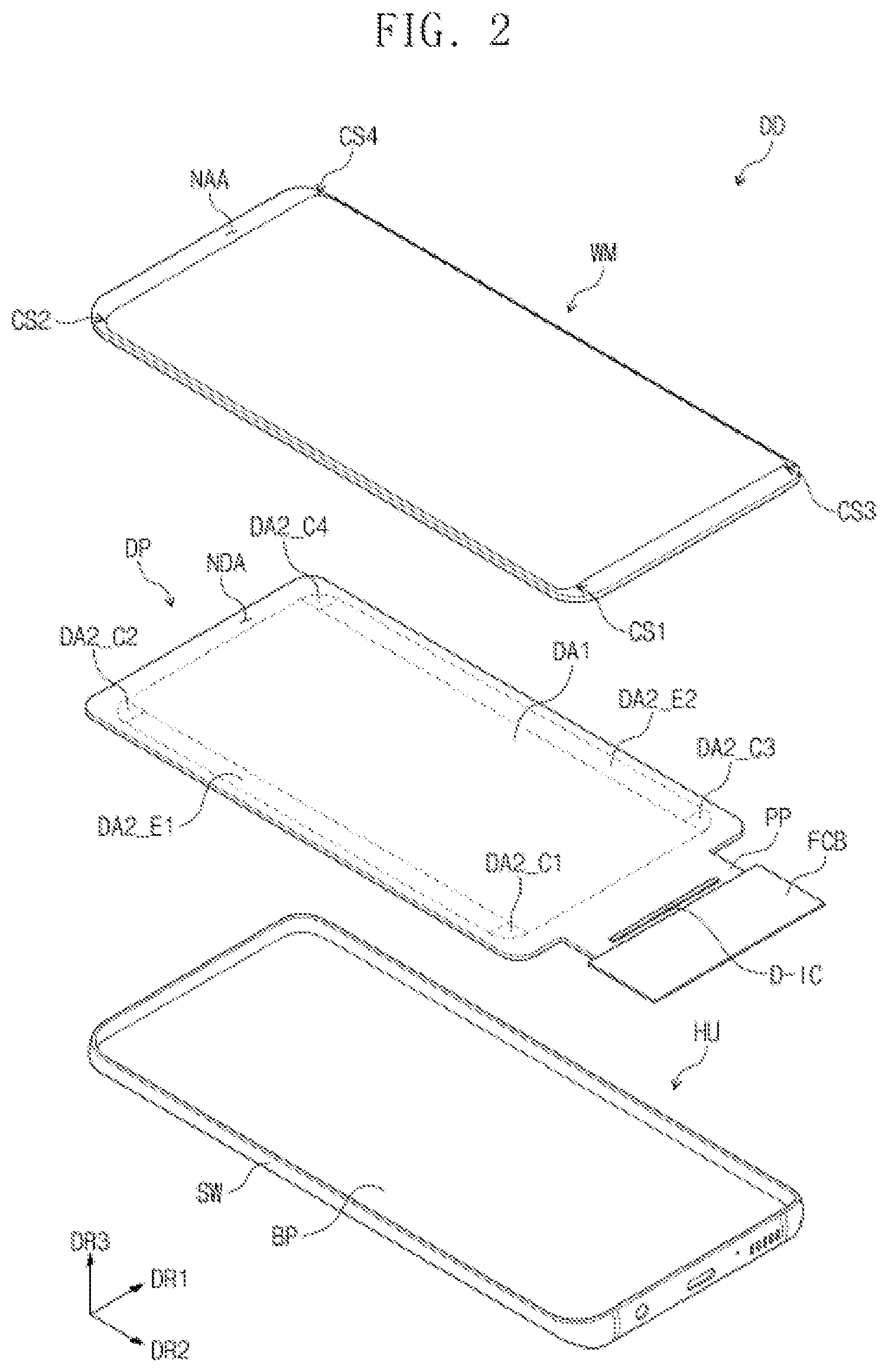 Patent US11778861 Figure 2 – Display panel that includes display area facing front of window, where emission areas of corner display area are placed, and display device including the same