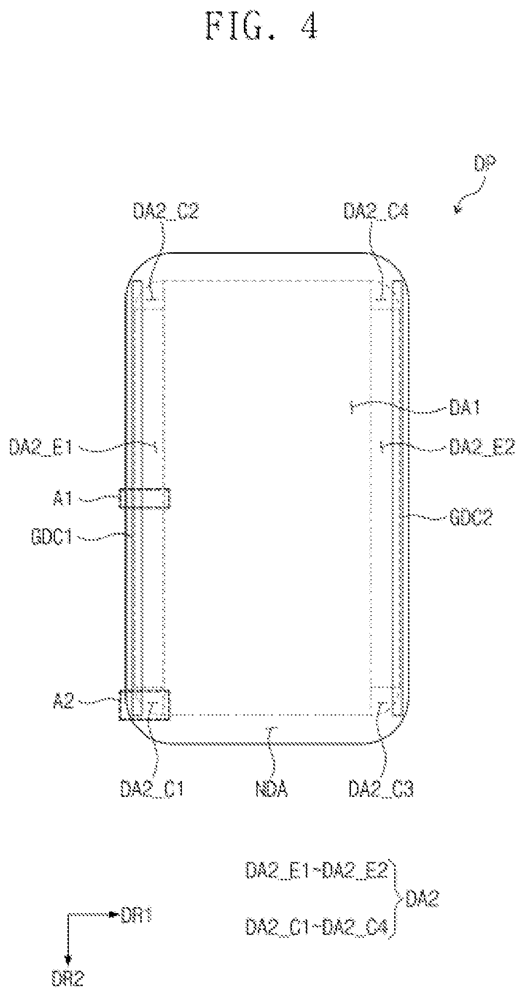 Patent US11778861 Figure 4 – Display panel that includes display area facing front of window, where emission areas of corner display area are placed, and display device including the same
