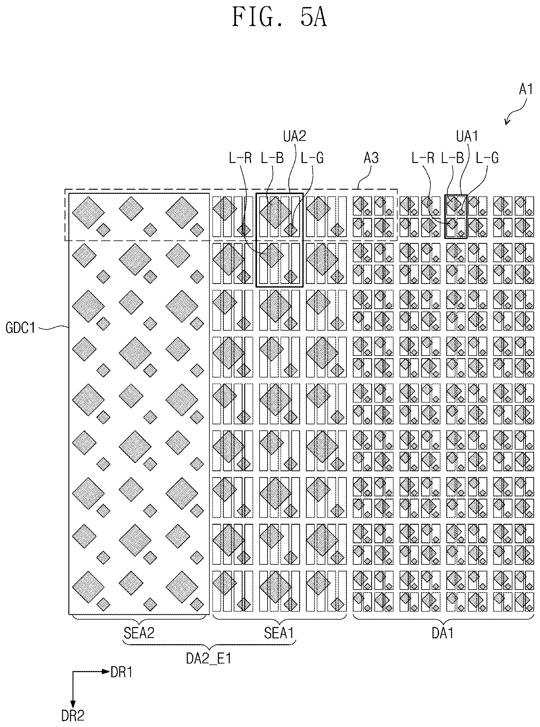 Patent US11778861 Figure 5 – Display panel that includes display area facing front of window, where emission areas of corner display area are placed, and display device including the same
