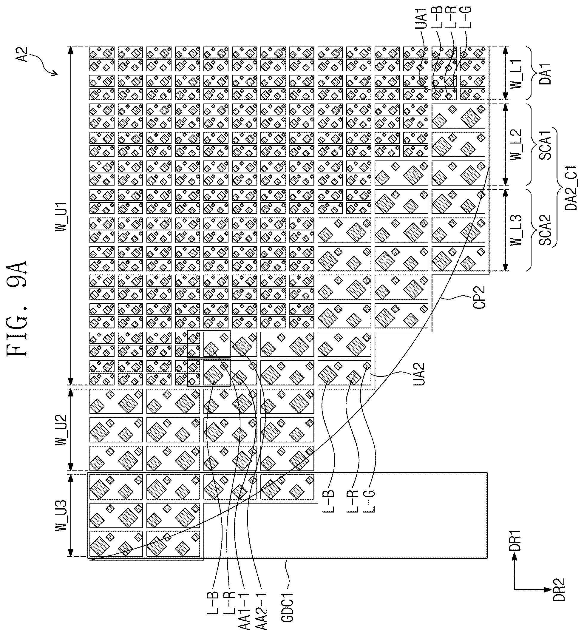 Patent US11778861 Figure 10 – Display panel that includes display area facing front of window, where emission areas of corner display area are placed, and display device including the same