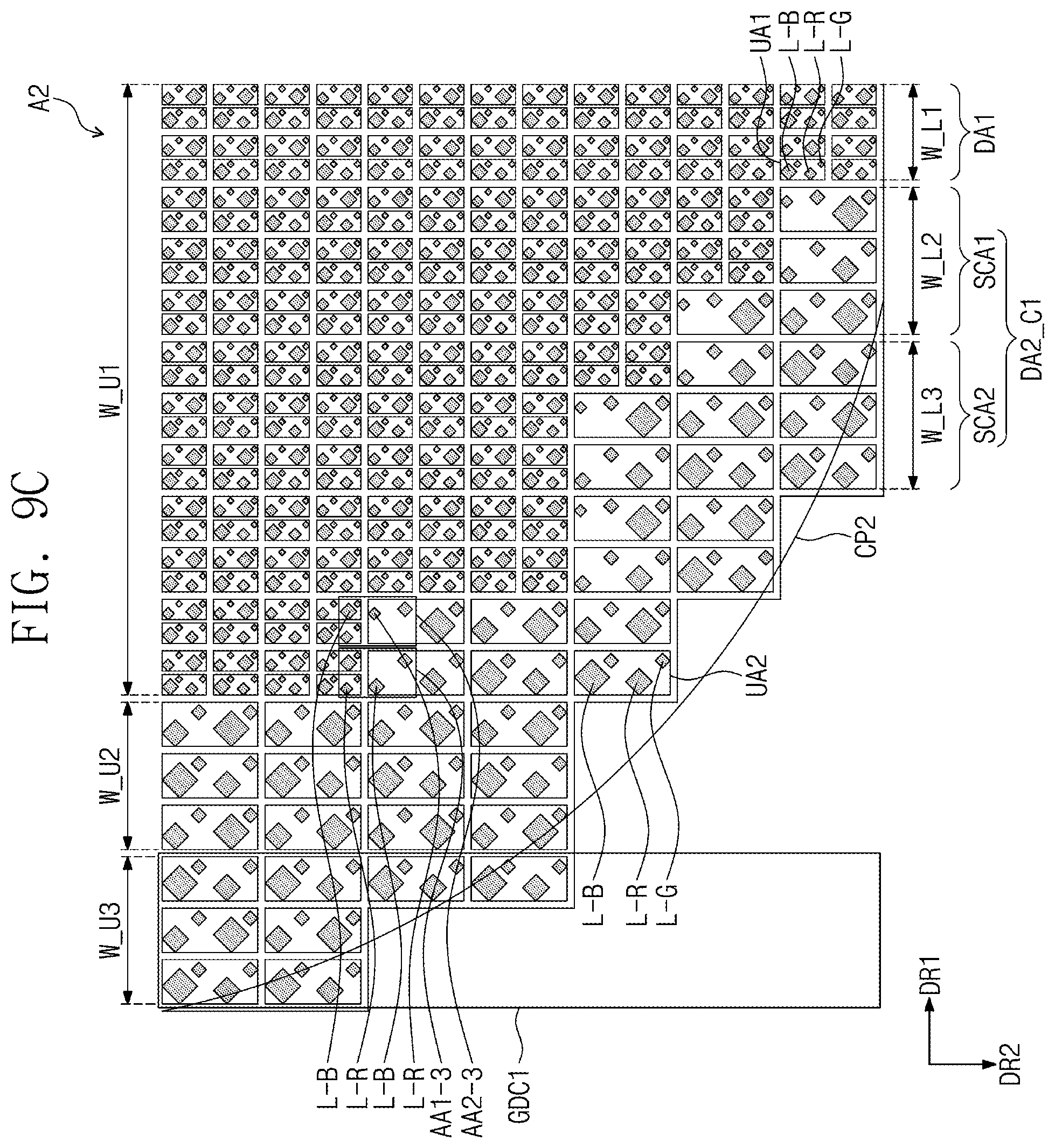 Patent US11778861 Figure 12 – Display panel that includes display area facing front of window, where emission areas of corner display area are placed, and display device including the same