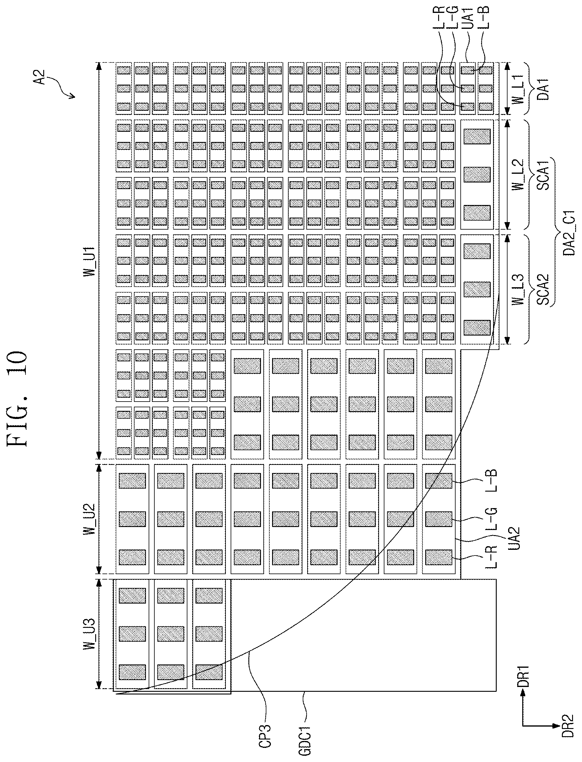 Patent US11778861 Figure 13 – Display panel that includes display area facing front of window, where emission areas of corner display area are placed, and display device including the same