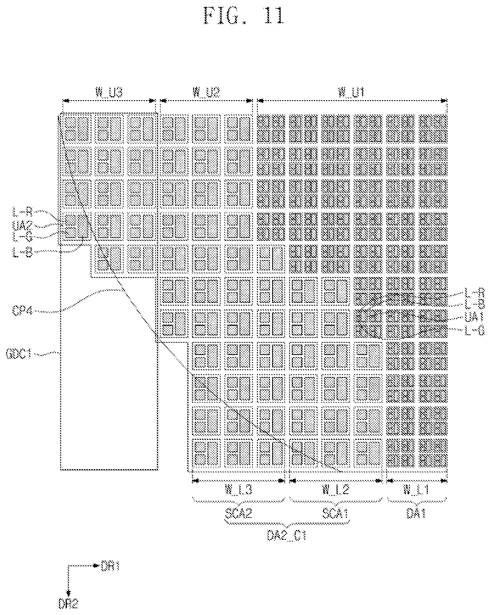 Patent US11778861 Figure 14 – Display panel that includes display area facing front of window, where emission areas of corner display area are placed, and display device including the same