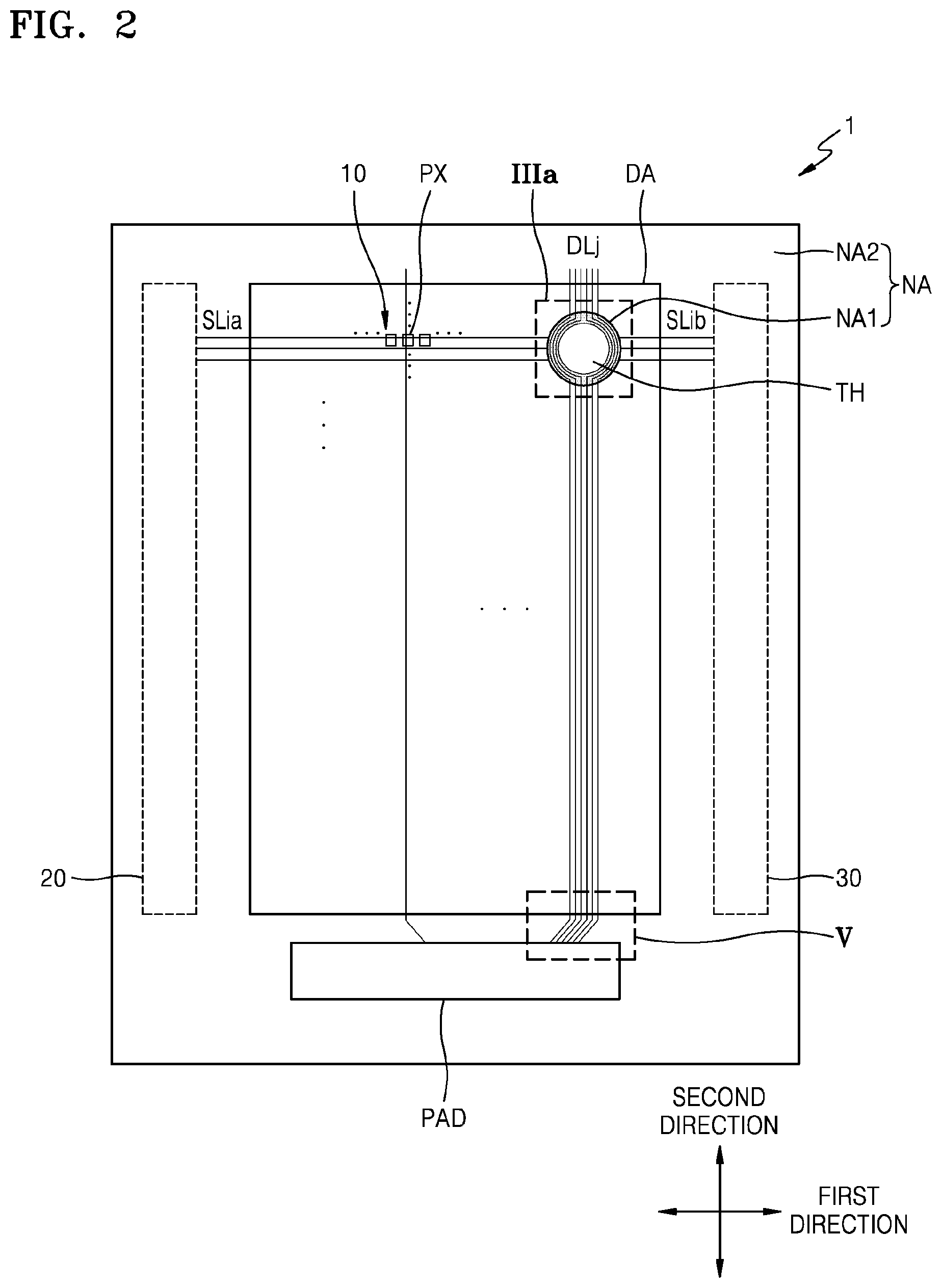 Patent US11778866 Figure 2 – Display device with data lines curved along perimeter of through hole