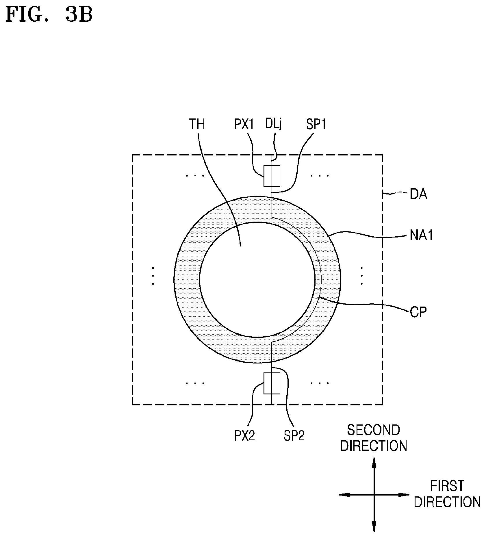 Patent US11778866 Figure 4 – Display device with data lines curved along perimeter of through hole