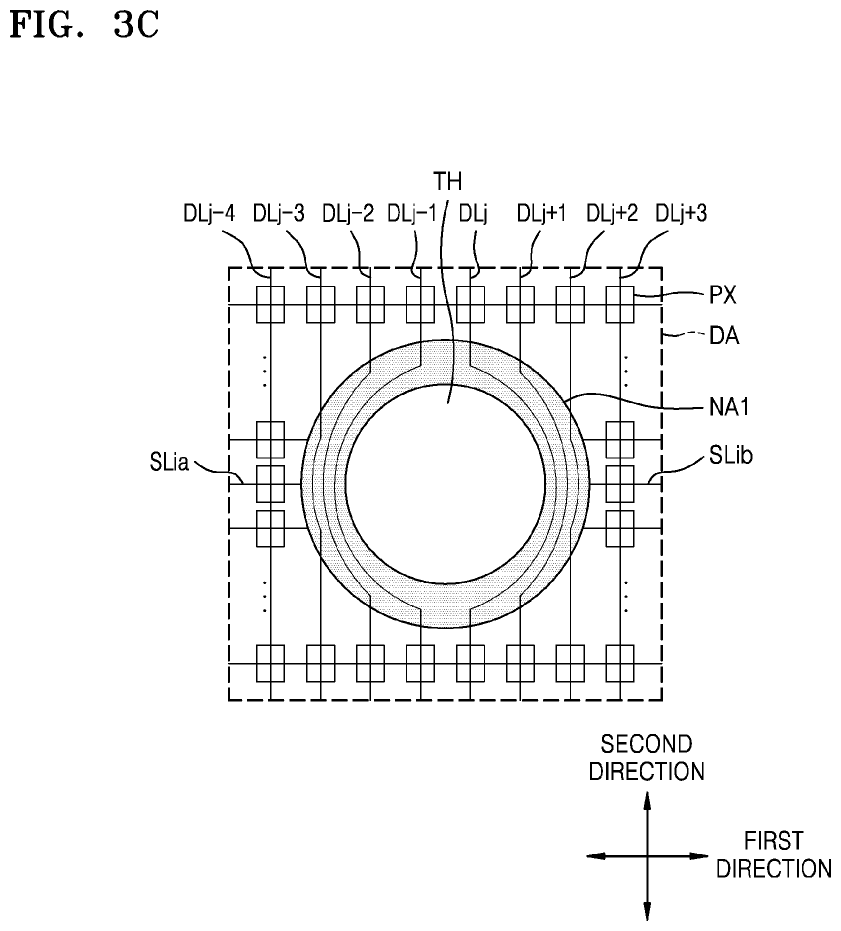 Patent US11778866 Figure 5 – Display device with data lines curved along perimeter of through hole