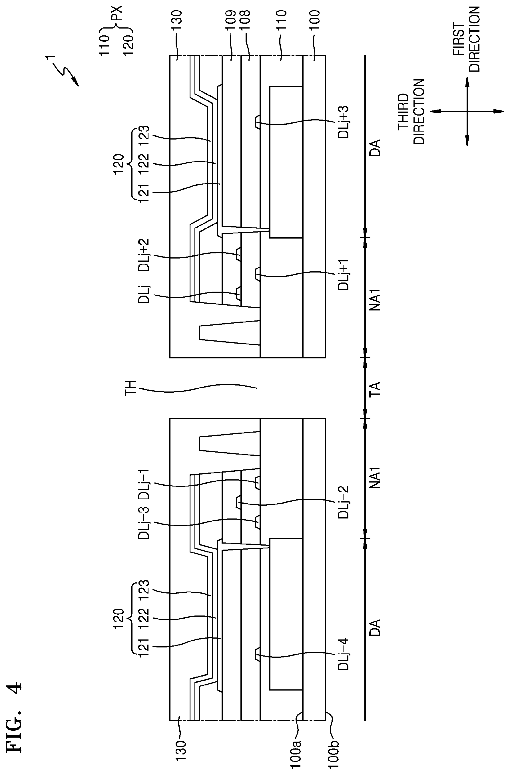 Patent US11778866 Figure 6 – Display device with data lines curved along perimeter of through hole