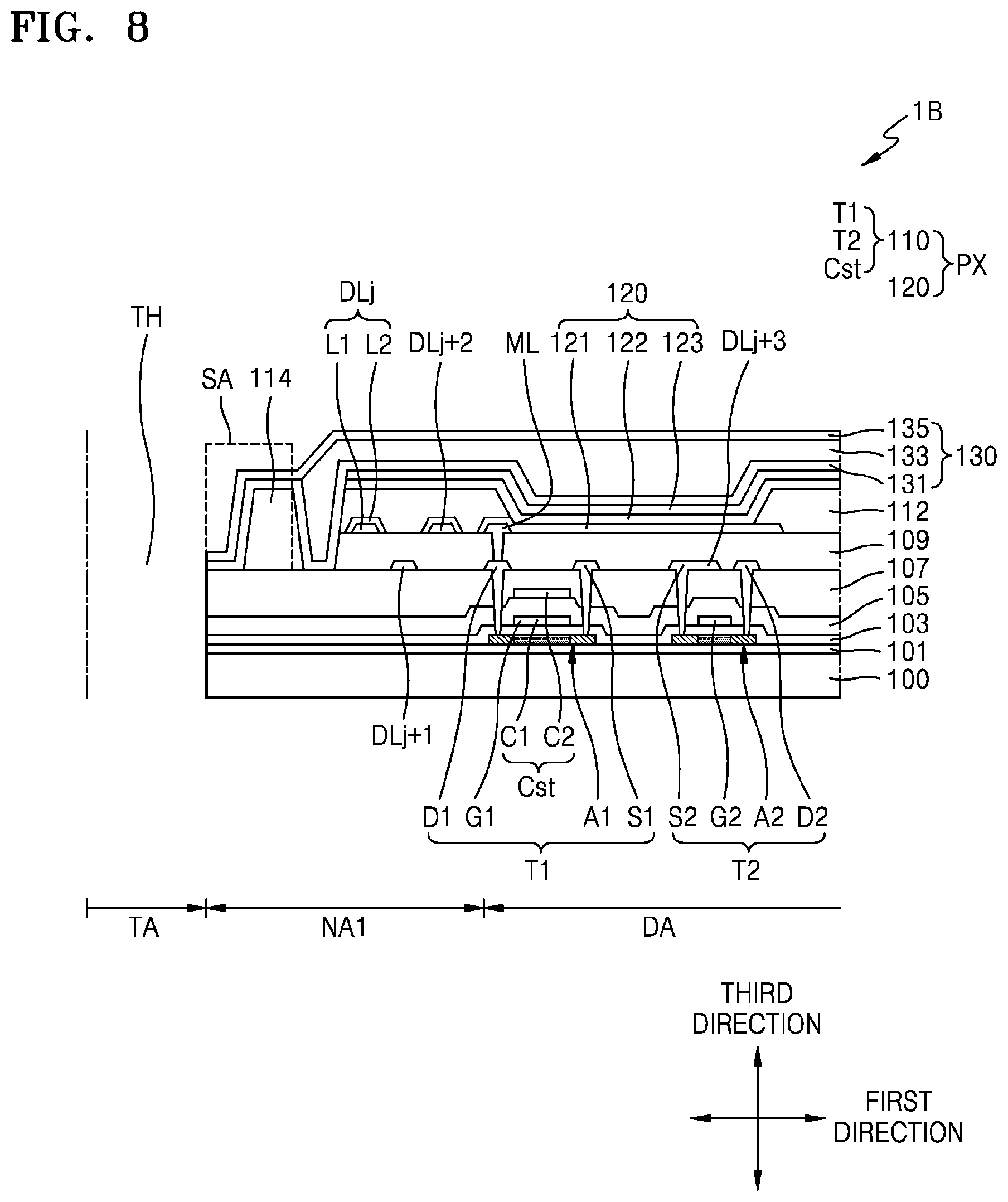 Patent US11778866 Figure 10 – Display device with data lines curved along perimeter of through hole