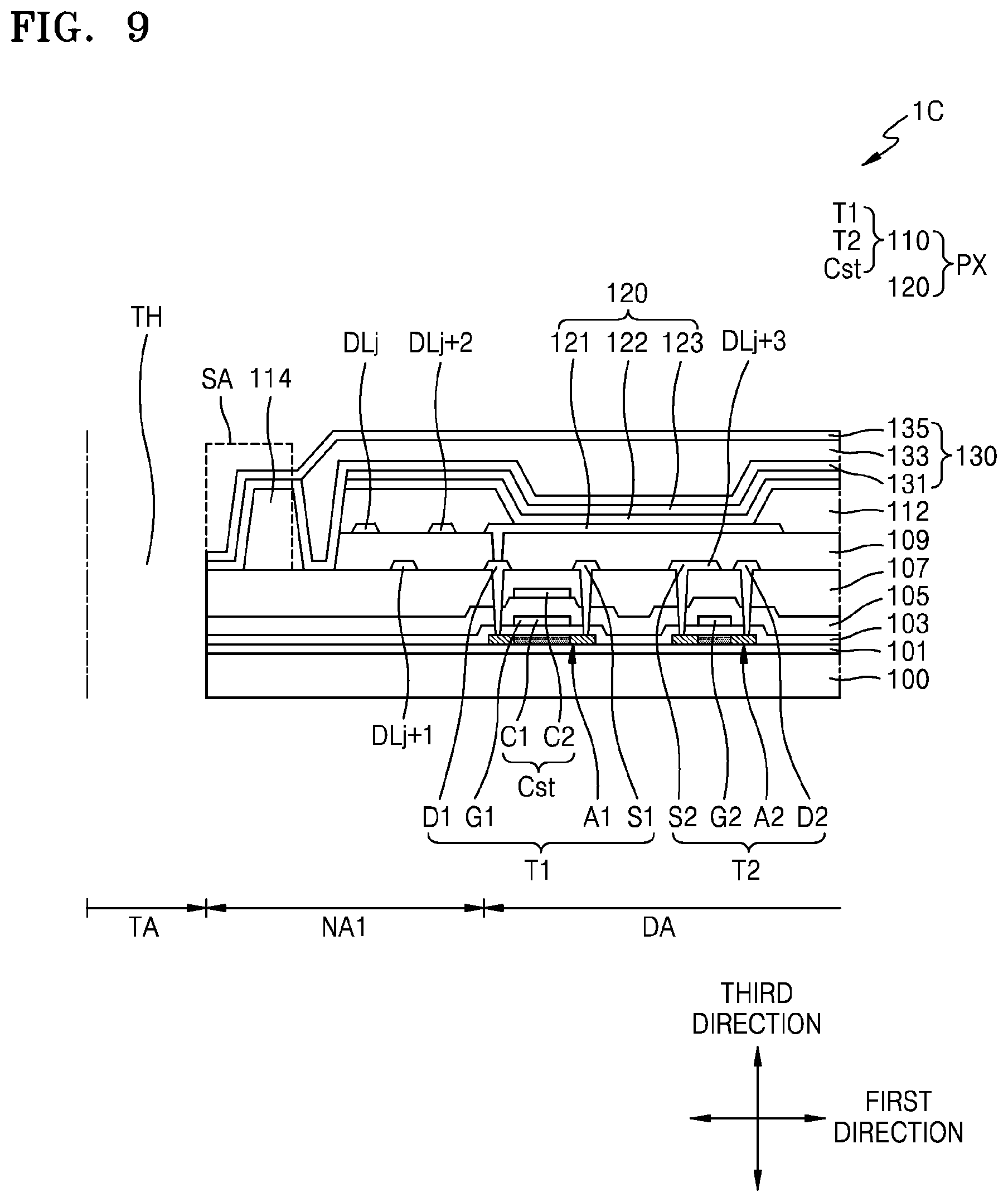 Patent US11778866 Figure 11 – Display device with data lines curved along perimeter of through hole