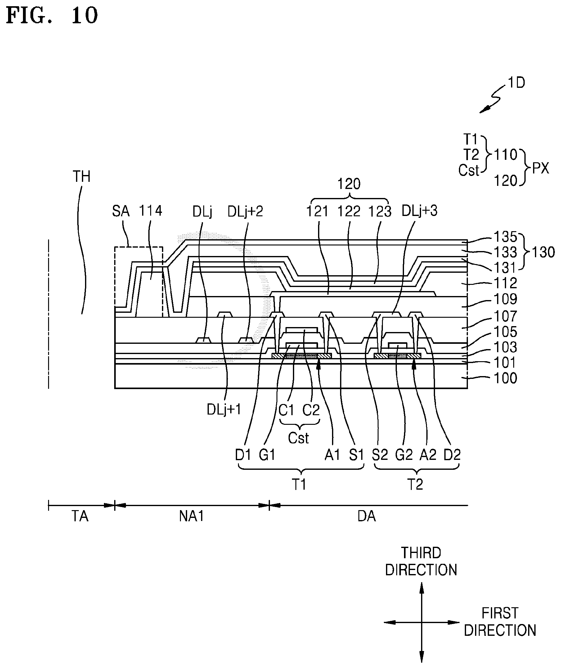 Patent US11778866 Figure 12 – Display device with data lines curved along perimeter of through hole