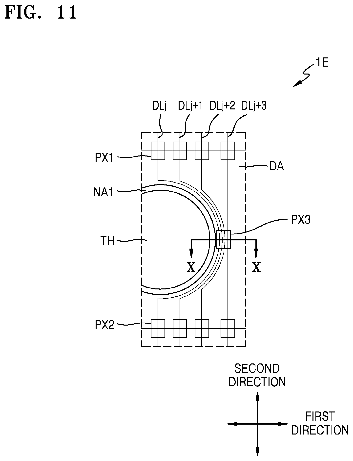 Patent US11778866 Figure 13 – Display device with data lines curved along perimeter of through hole
