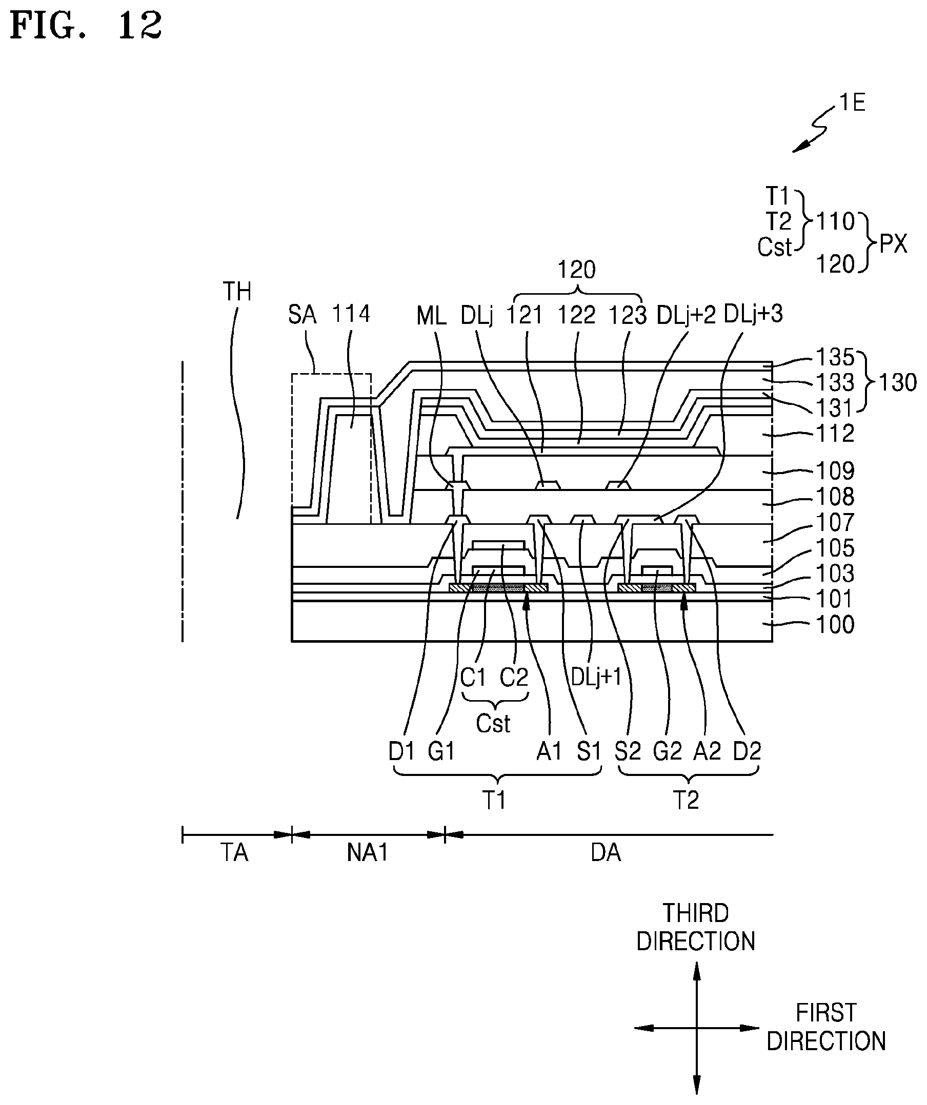 Patent US11778866 Figure 14 – Display device with data lines curved along perimeter of through hole