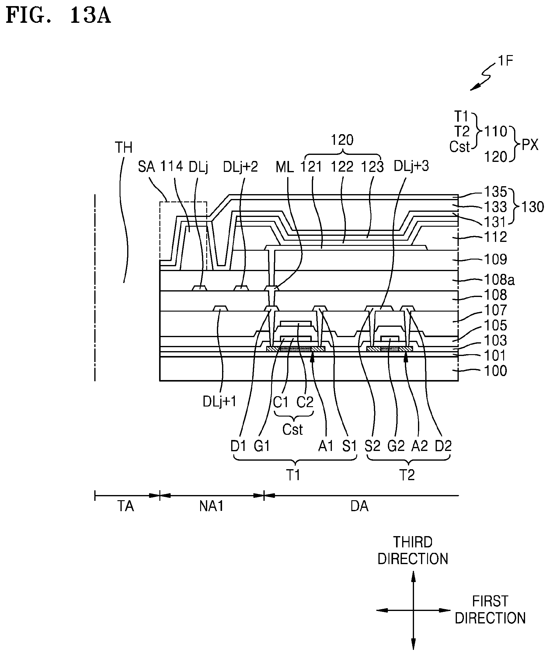 Patent US11778866 Figure 15 – Display device with data lines curved along perimeter of through hole