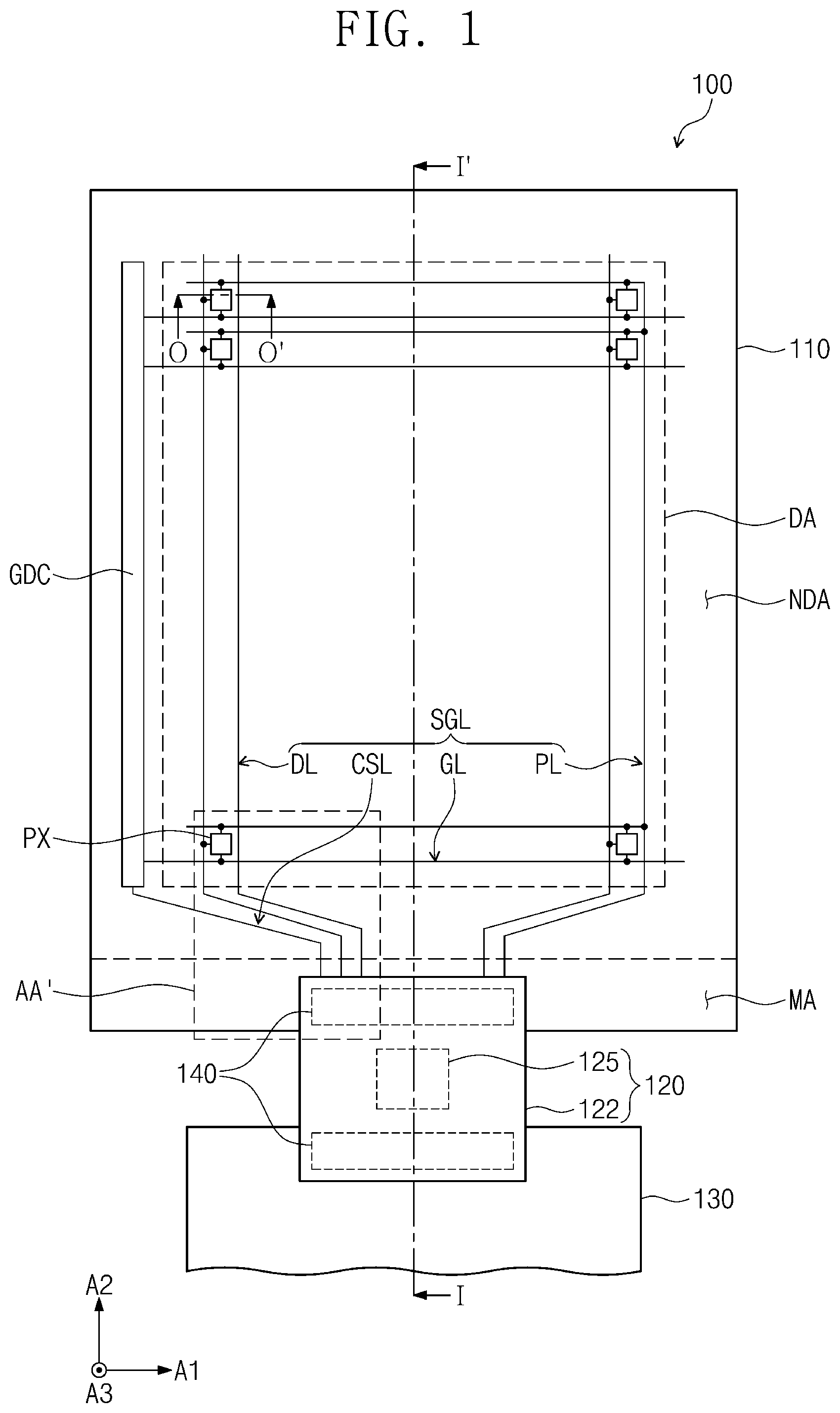 Patent US11778875 Figure 1 – Display panel having inclined edge defined by respective end surfaces of base substrate and insulating layer, and display device including the same