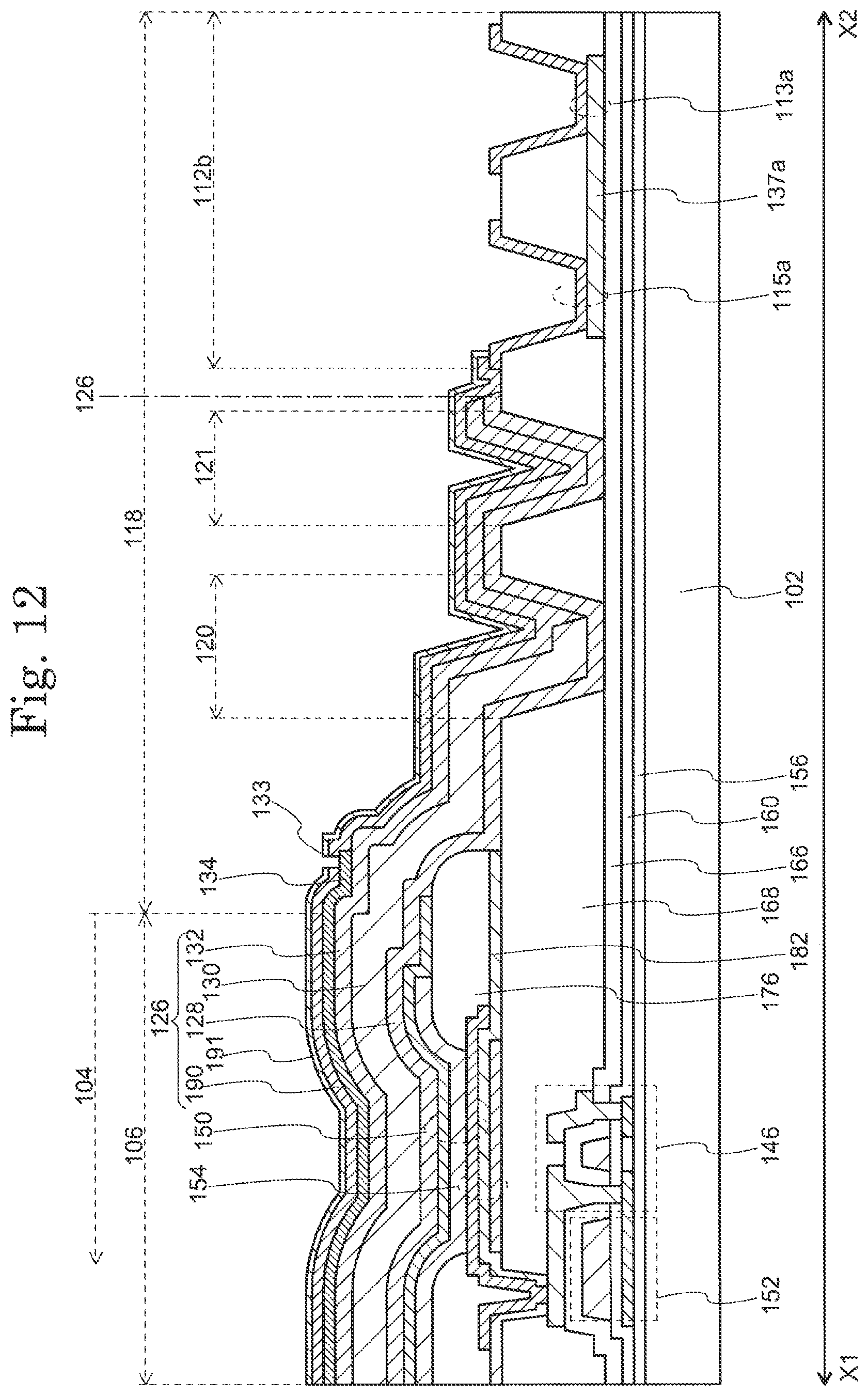 Patent US11778879 Figure 13 – Display device including concave/convex structure in the inorganic insulation layer