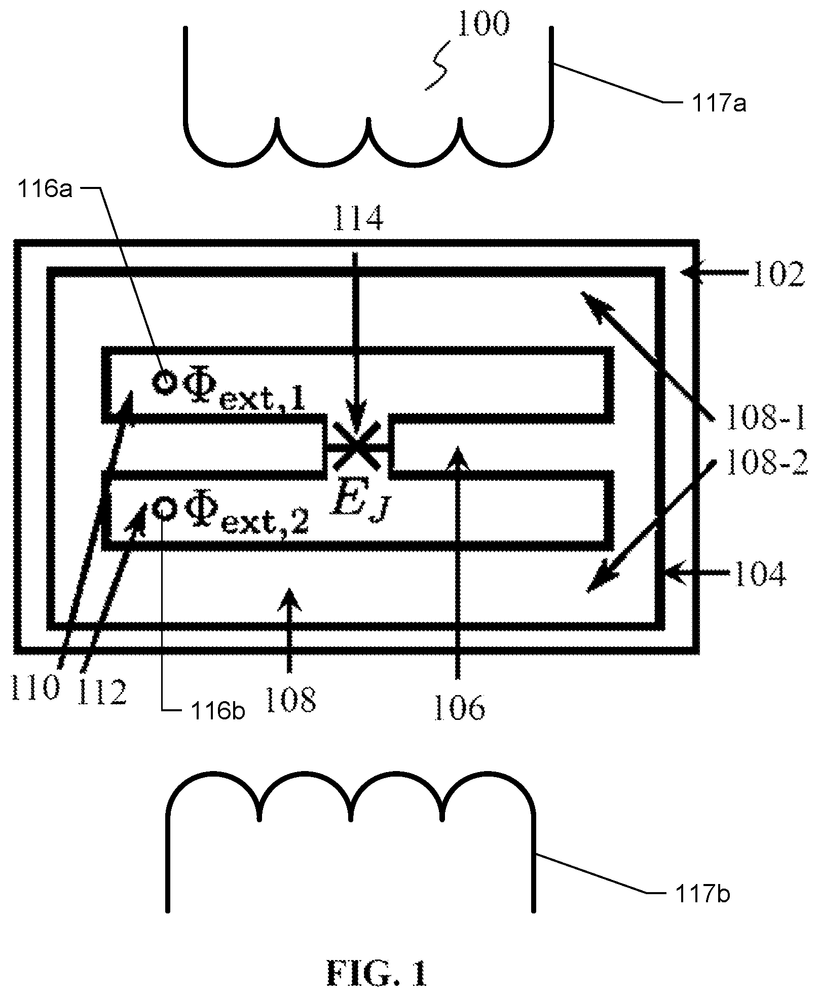 Patent US11778928 Figure 1 – Quantum processing unit comprising one or more superconducting qubits based on phase-biased linear and non-linear inductive-energy elements